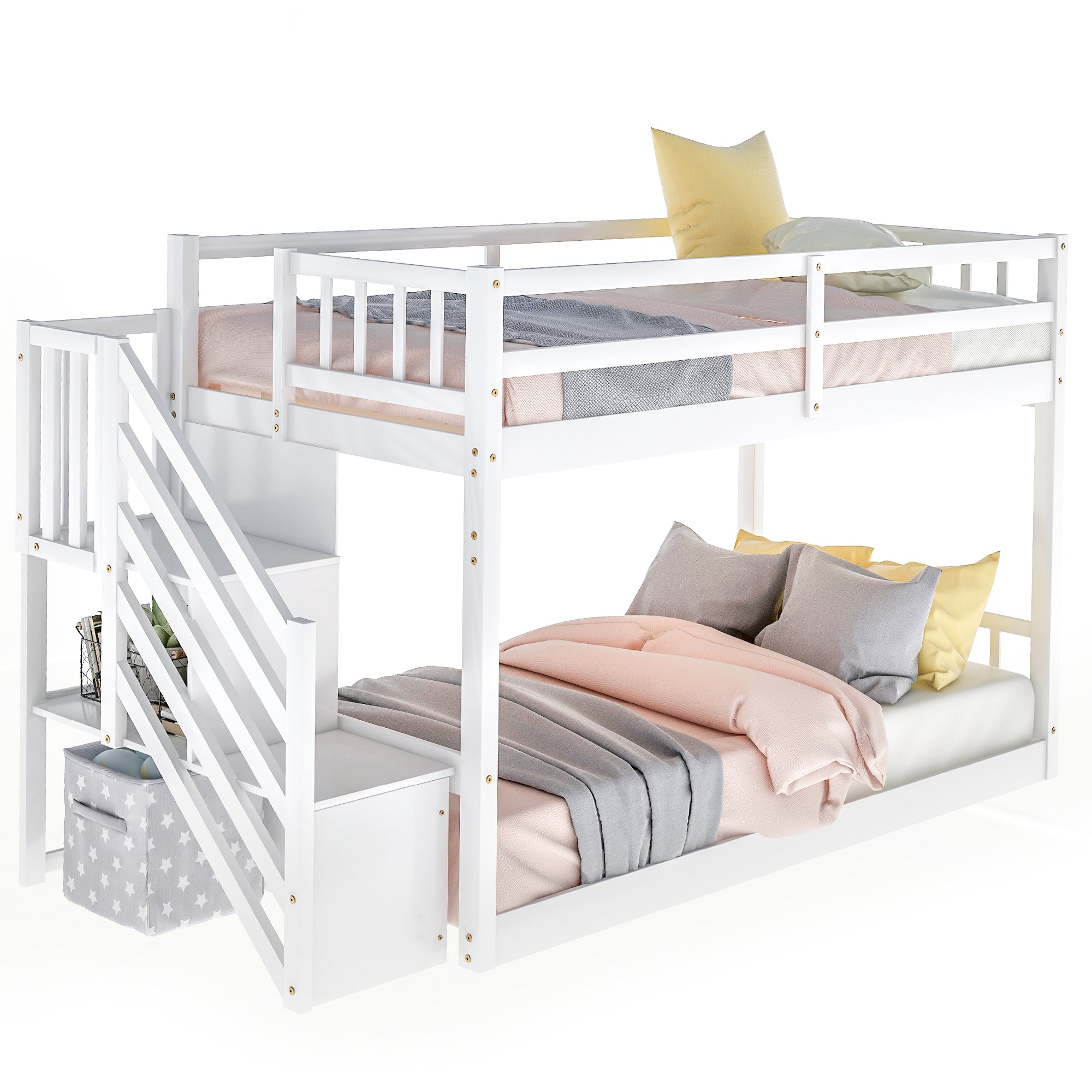 Royard Oaktree Twin over Twin Floor Bunk Bed Wood Bunk Bed Frame with Storage Ladder and Guardrails