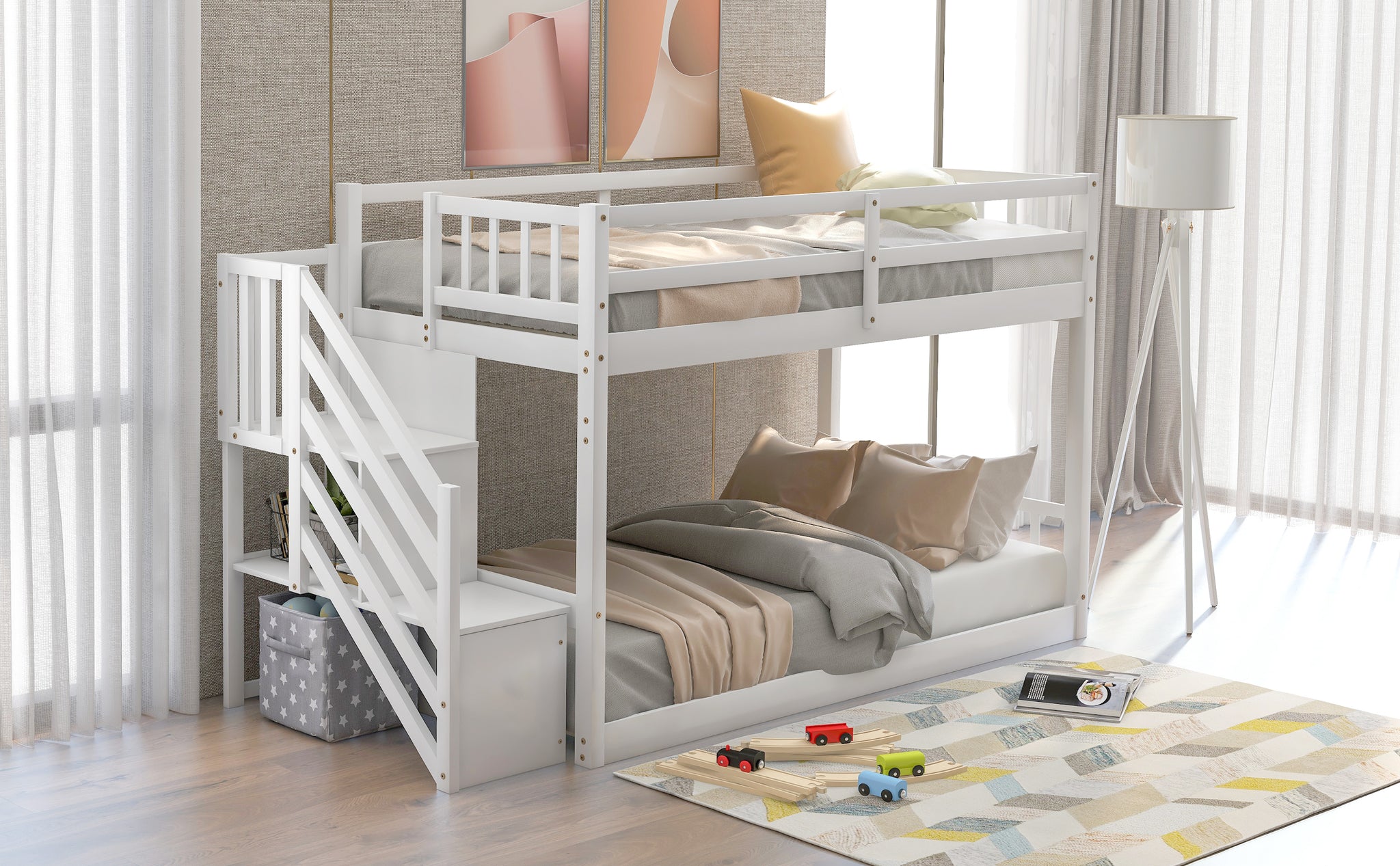 Royard Oaktree Twin over Twin Floor Bunk Bed Wood Bunk Bed Frame with Storage Ladder and Guardrails