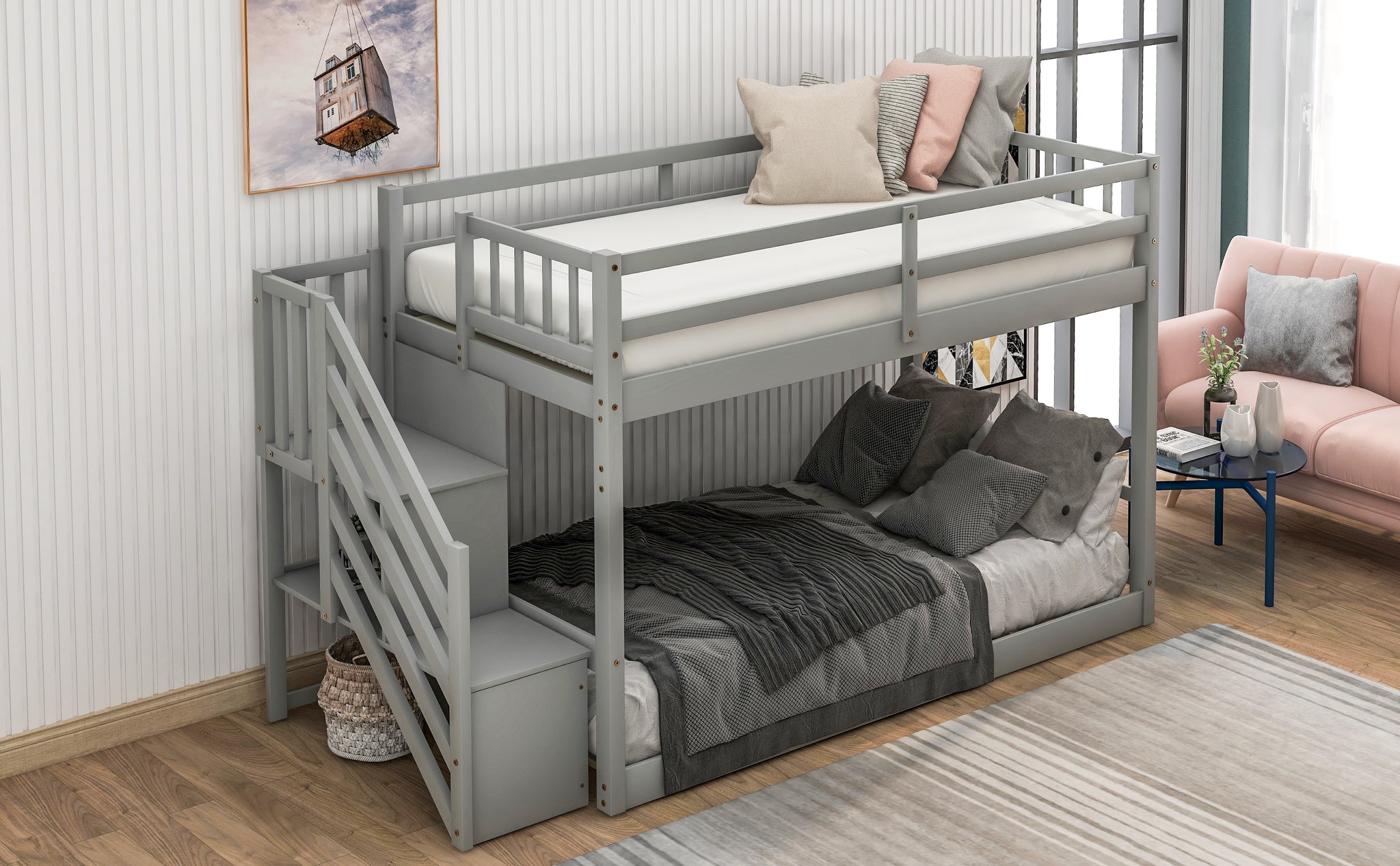 Royard Oaktree Twin over Twin Floor Bunk Bed Wood Bunk Bed Frame with Storage Ladder and Guardrails