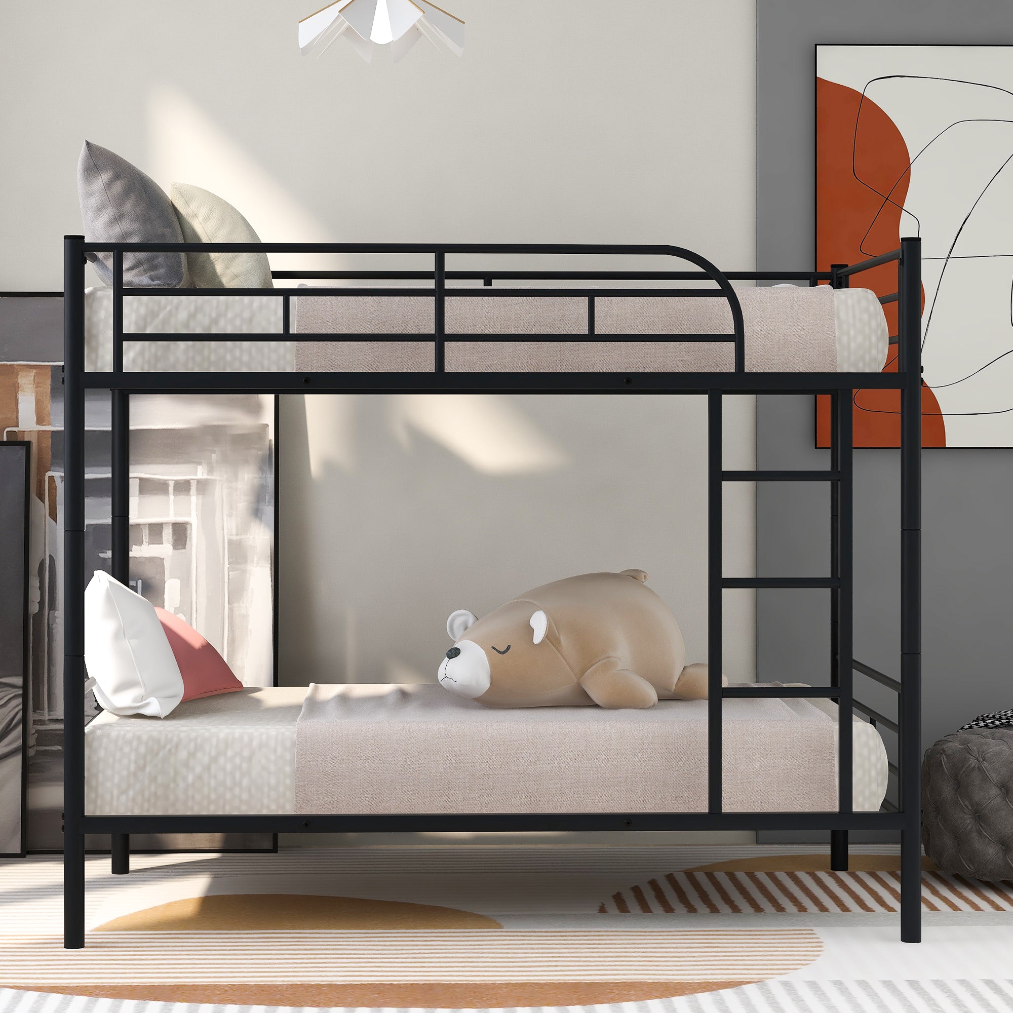 Royard Oaktree Twin Over Twin Metal Bunk Bed with Ladder and Guardrails Modern Bunk Bed Frame with Headboard and Footboard, Metal Slats, No Box Spring Needed