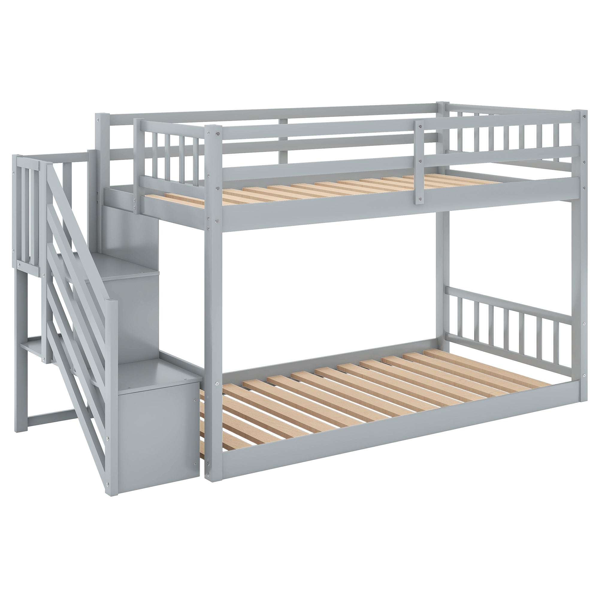 Royard Oaktree Twin over Twin Floor Bunk Bed Wood Bunk Bed Frame with Storage Ladder and Guardrails