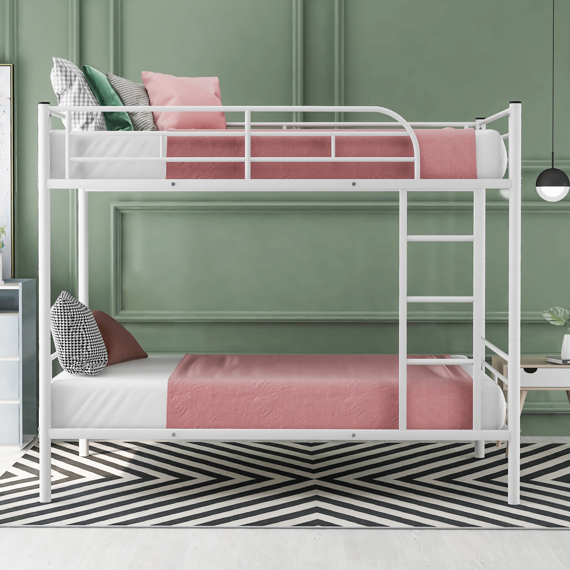 Royard Oaktree Twin Over Twin Metal Bunk Bed with Ladder and Guardrails Modern Bunk Bed Frame with Headboard and Footboard, Metal Slats, No Box Spring Needed