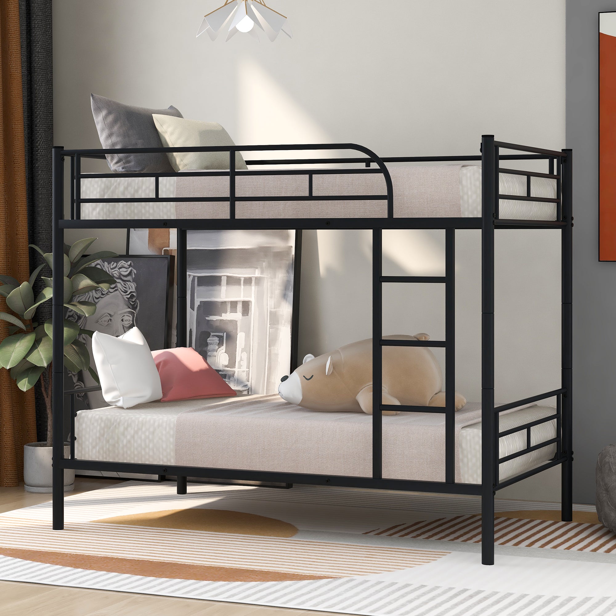 Royard Oaktree Twin Over Twin Metal Bunk Bed with Ladder and Guardrails Modern Bunk Bed Frame with Headboard and Footboard, Metal Slats, No Box Spring Needed