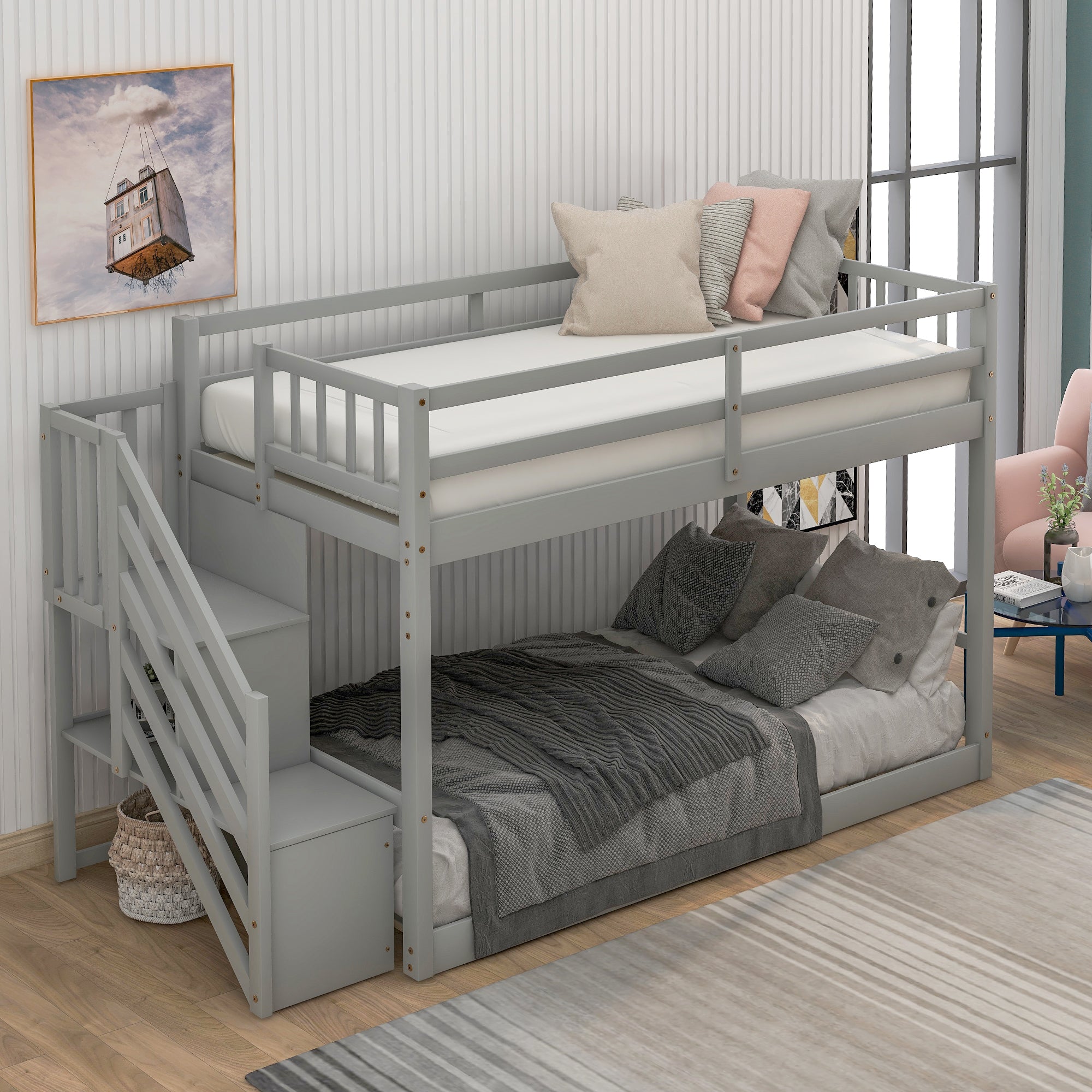 Royard Oaktree Twin over Twin Floor Bunk Bed Wood Bunk Bed Frame with Storage Ladder and Guardrails