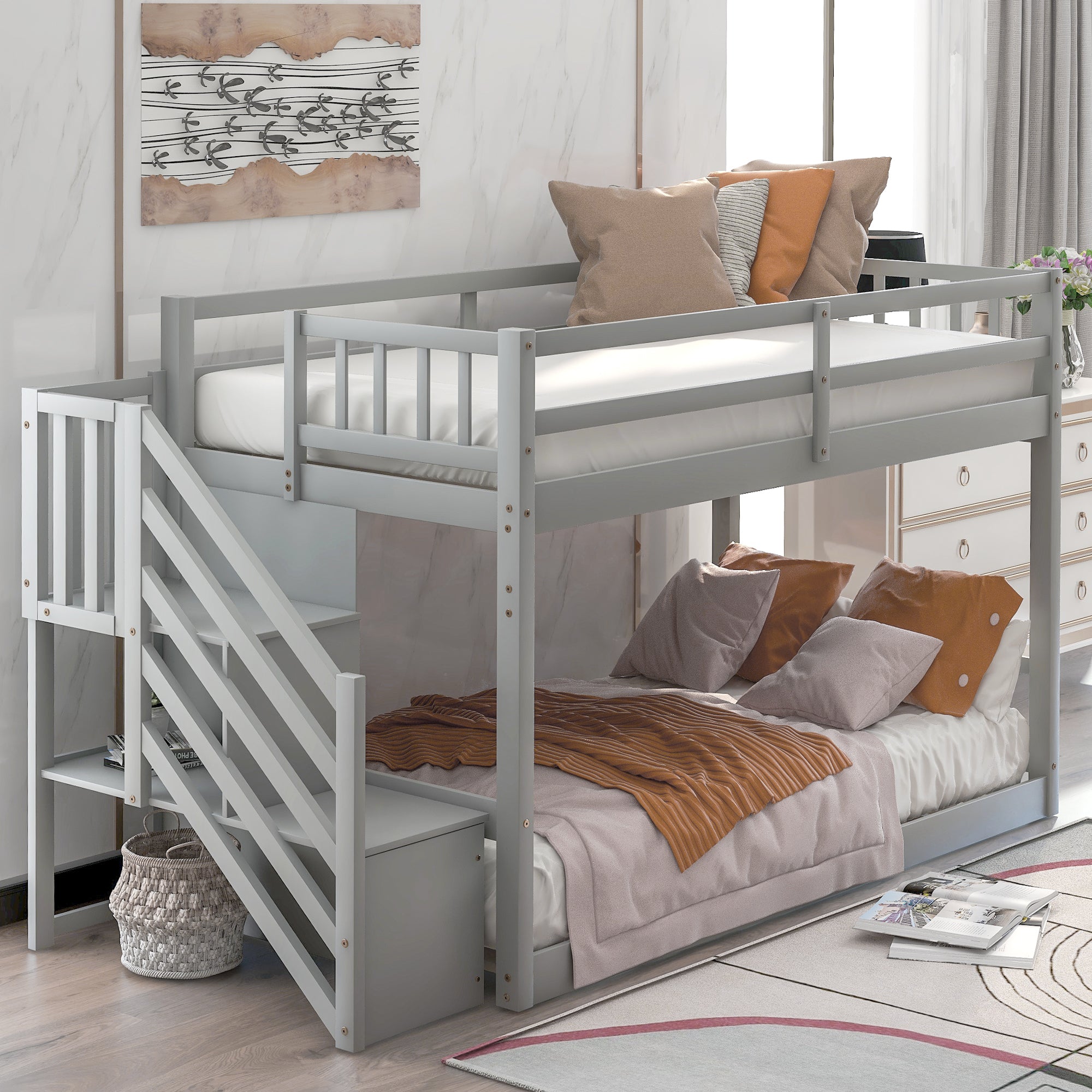 Royard Oaktree Twin over Twin Floor Bunk Bed Wood Bunk Bed Frame with Storage Ladder and Guardrails