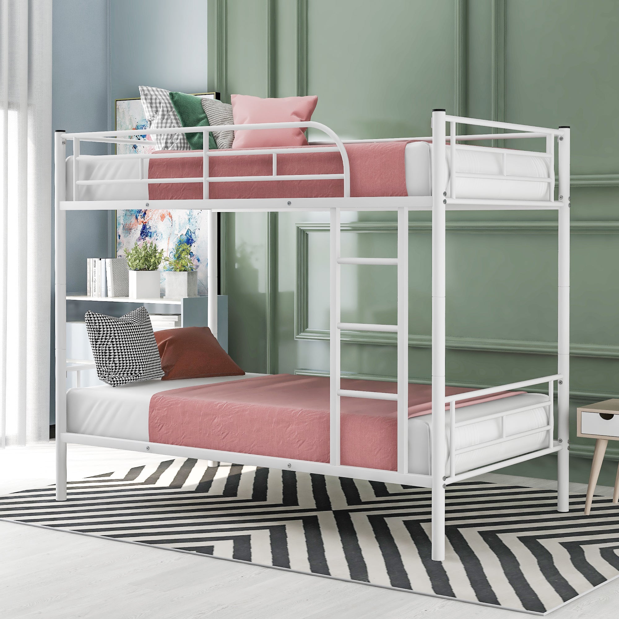 Royard Oaktree Twin Over Twin Metal Bunk Bed with Ladder and Guardrails Modern Bunk Bed Frame with Headboard and Footboard, Metal Slats, No Box Spring Needed