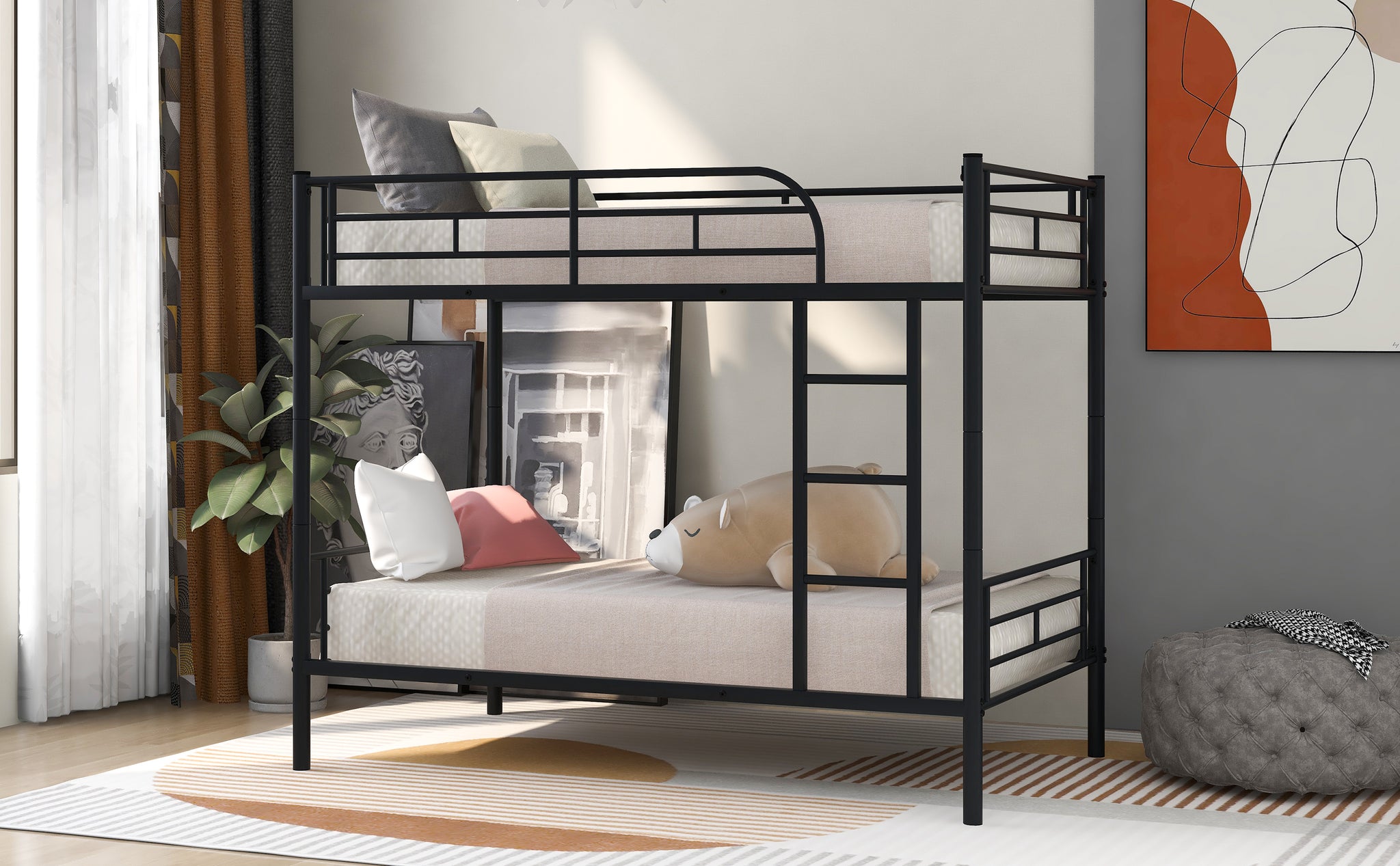 Royard Oaktree Twin Over Twin Metal Bunk Bed with Ladder and Guardrails Modern Bunk Bed Frame with Headboard and Footboard, Metal Slats, No Box Spring Needed