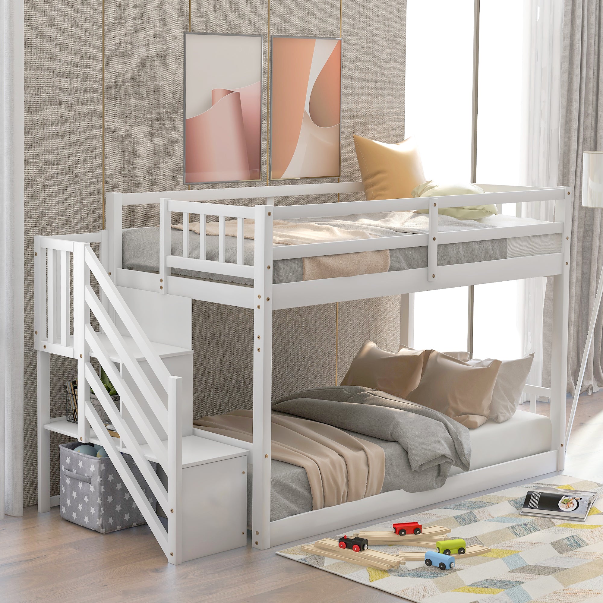 Royard Oaktree Twin over Twin Floor Bunk Bed Wood Bunk Bed Frame with Storage Ladder and Guardrails