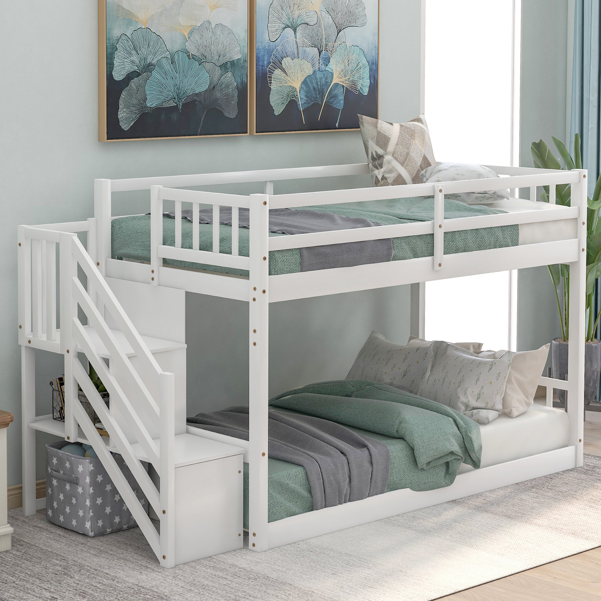 Royard Oaktree Twin over Twin Floor Bunk Bed Wood Bunk Bed Frame with Storage Ladder and Guardrails