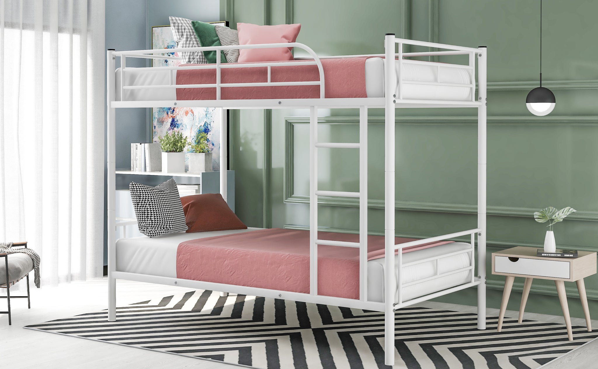 Royard Oaktree Twin Over Twin Metal Bunk Bed with Ladder and Guardrails Modern Bunk Bed Frame with Headboard and Footboard, Metal Slats, No Box Spring Needed