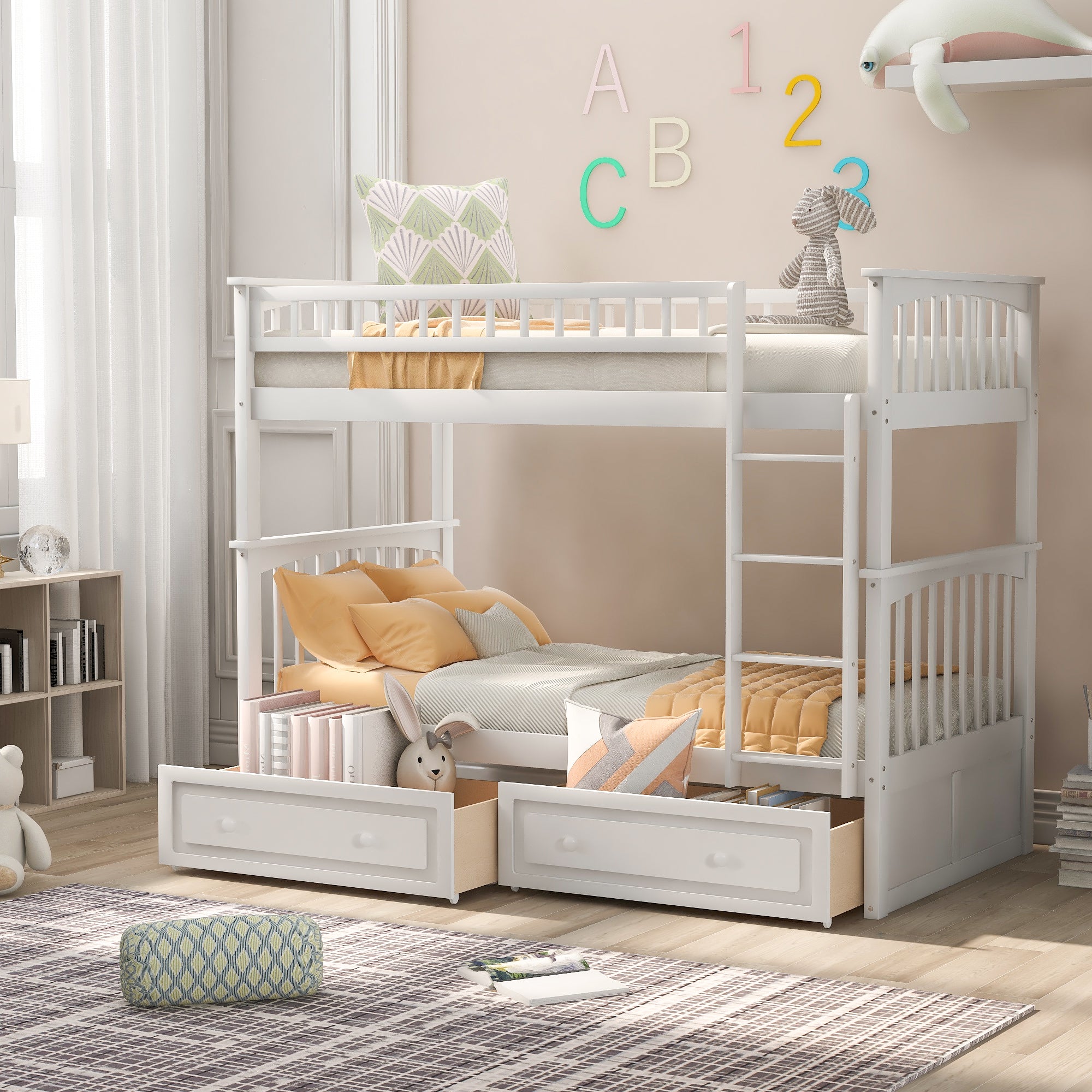 Royard Oaktree Bunk Bed with Storage Drawers and Built-in Ladder, Wood Bunk Bed Frame with Fence Style Guardrails and Headboard, Can Be Divided Into 2 Separate Platform Beds