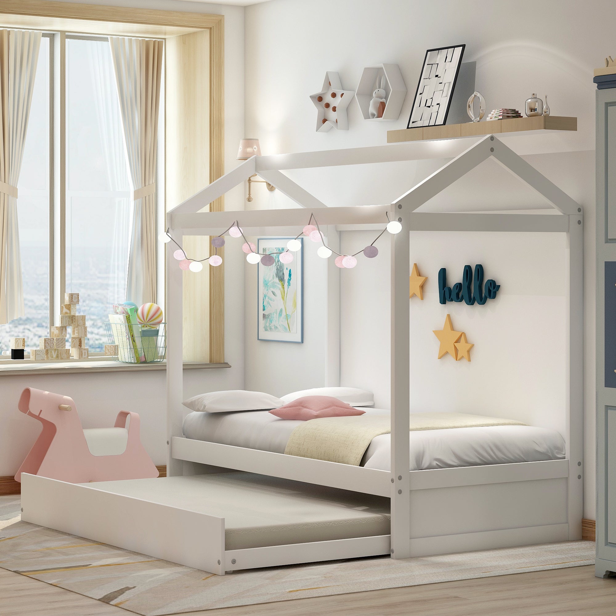 Royard Oaktree House Bed with Trundle Wood Platform Bed Frame with Roof for Kids, White