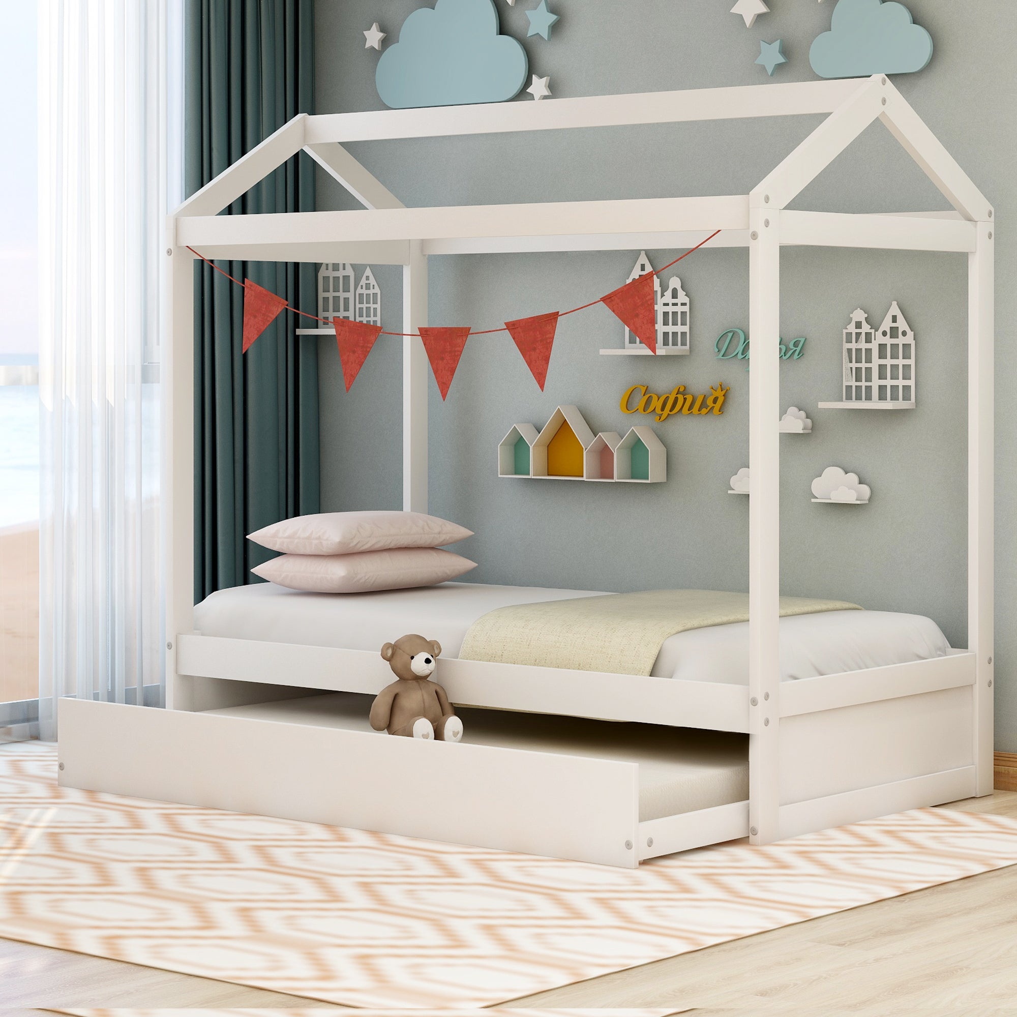 Royard Oaktree House Bed with Trundle Wood Platform Bed Frame with Roof for Kids, White