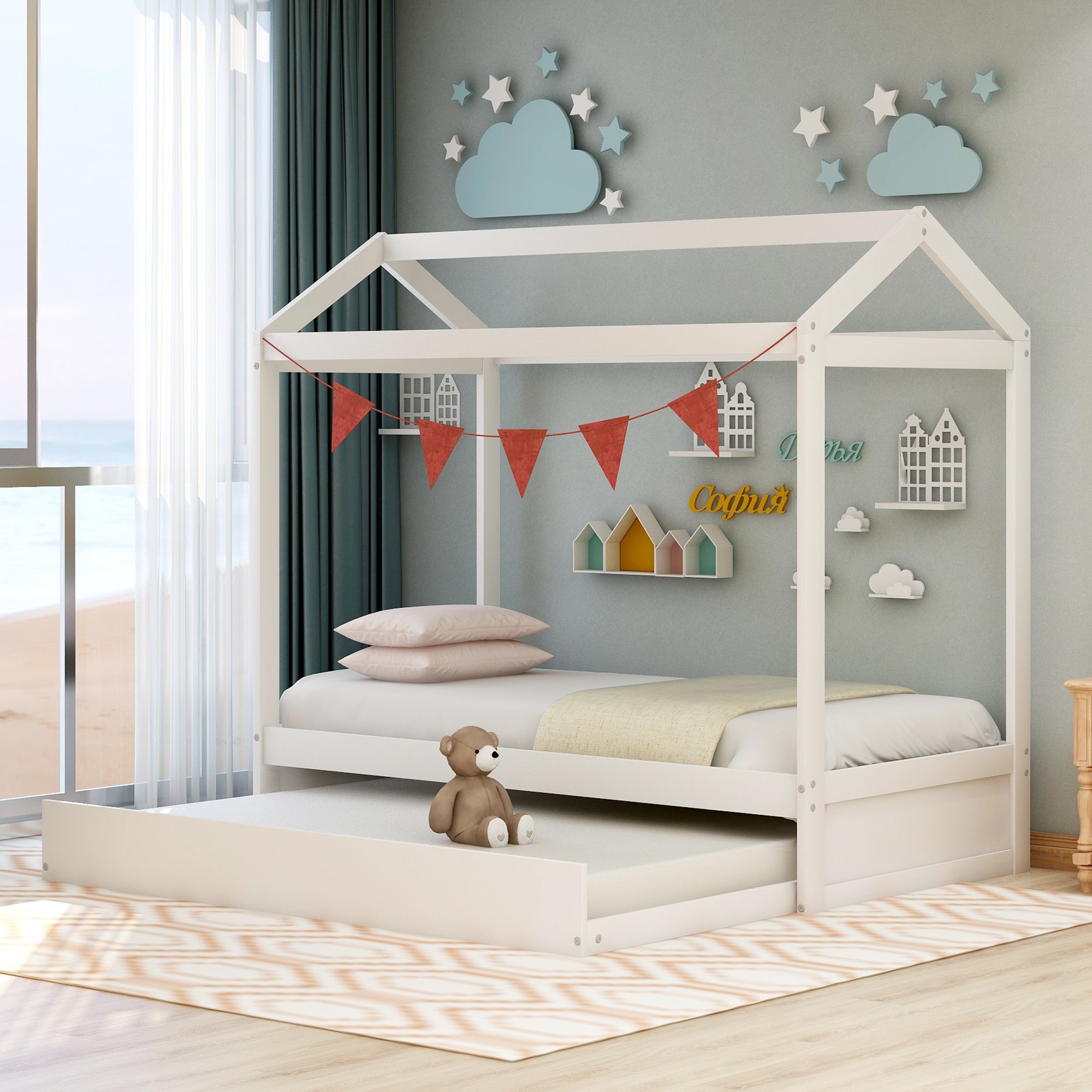 Royard Oaktree House Bed with Trundle Wood Platform Bed Frame with Roof for Kids, White