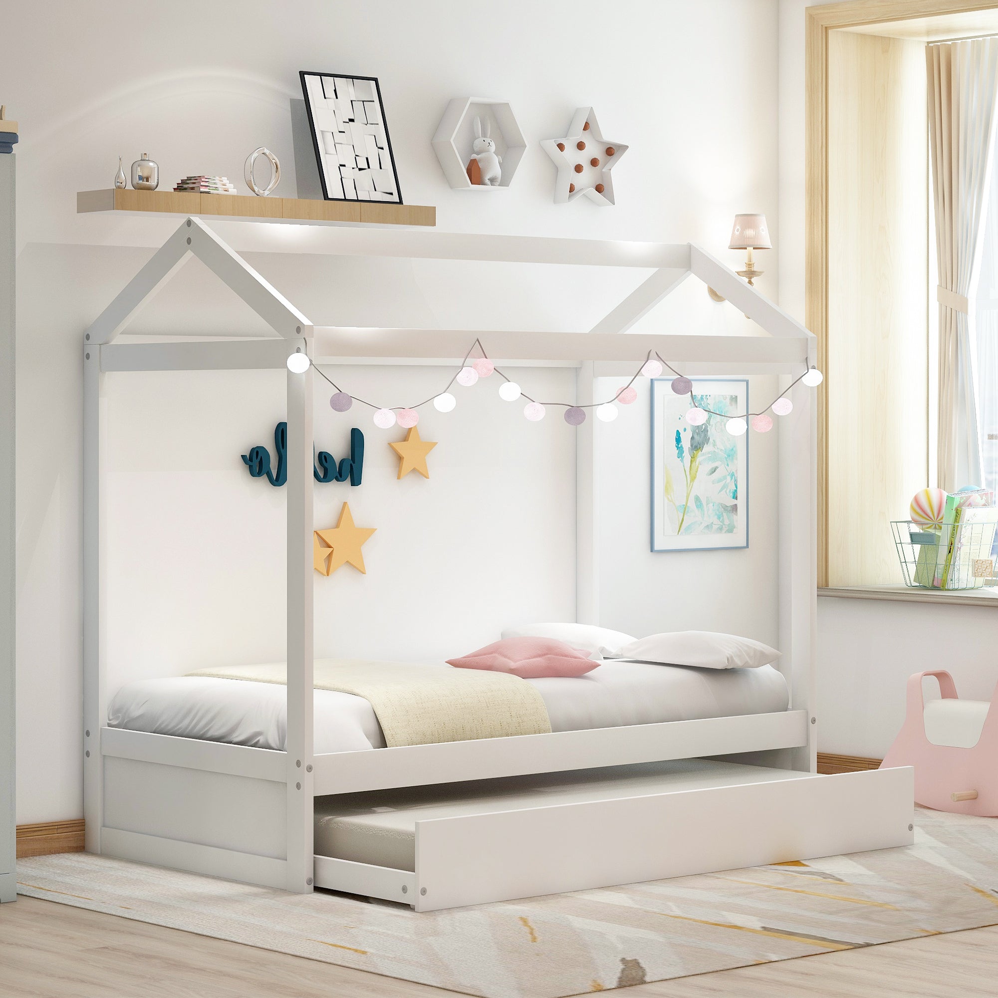 Royard Oaktree House Bed with Trundle Wood Platform Bed Frame with Roof for Kids, White