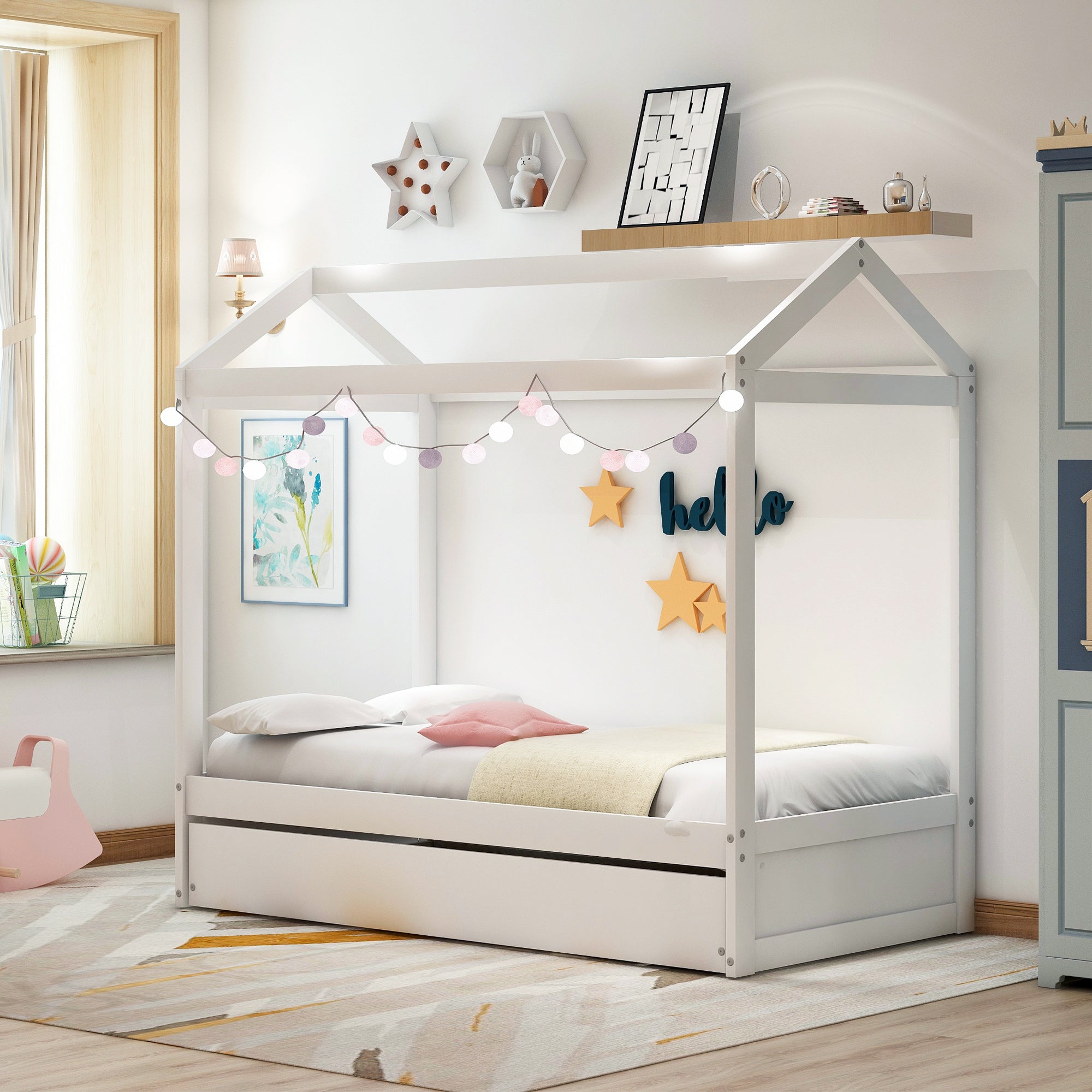 Royard Oaktree House Bed with Trundle Wood Platform Bed Frame with Roof for Kids, White