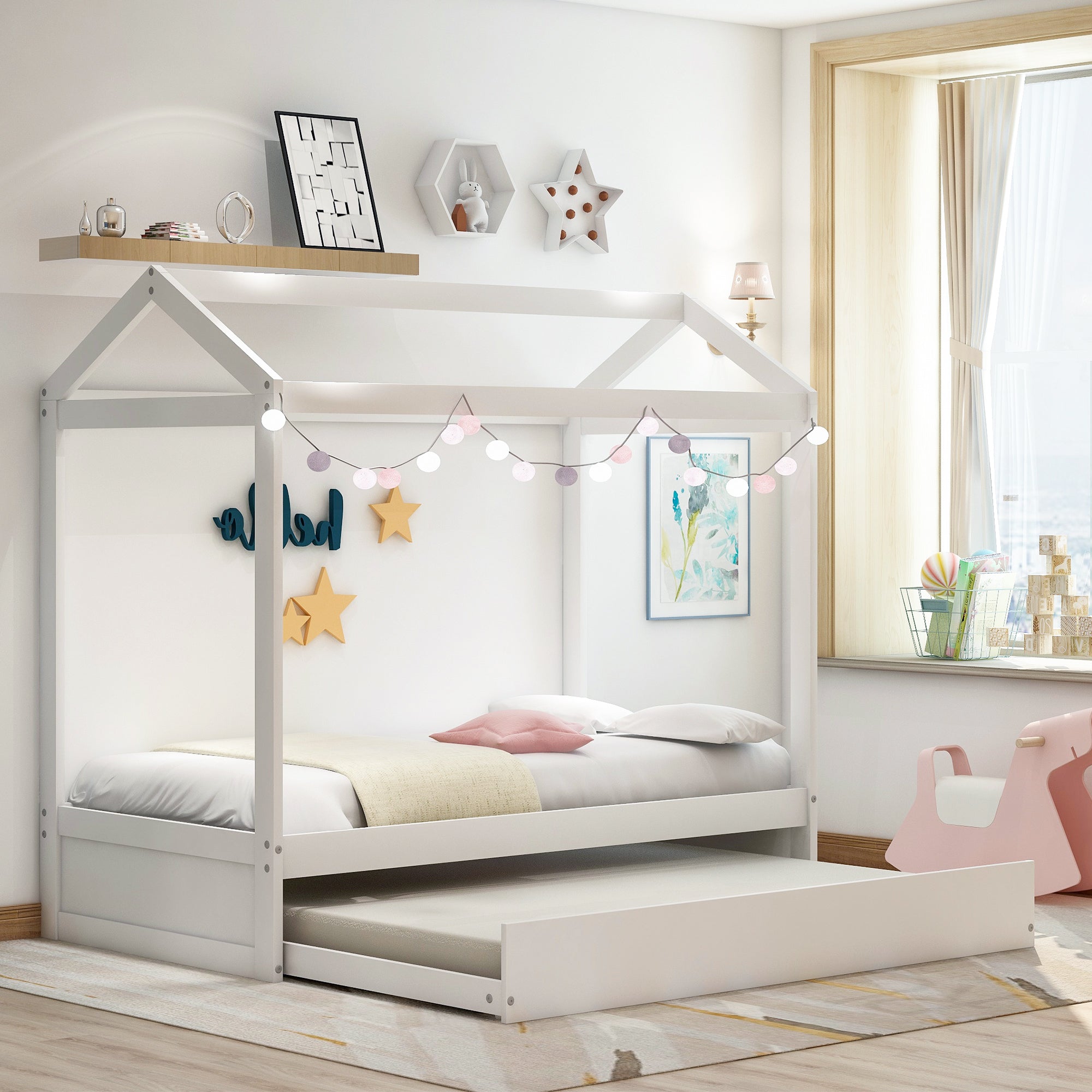 Royard Oaktree House Bed with Trundle Wood Platform Bed Frame with Roof for Kids, White