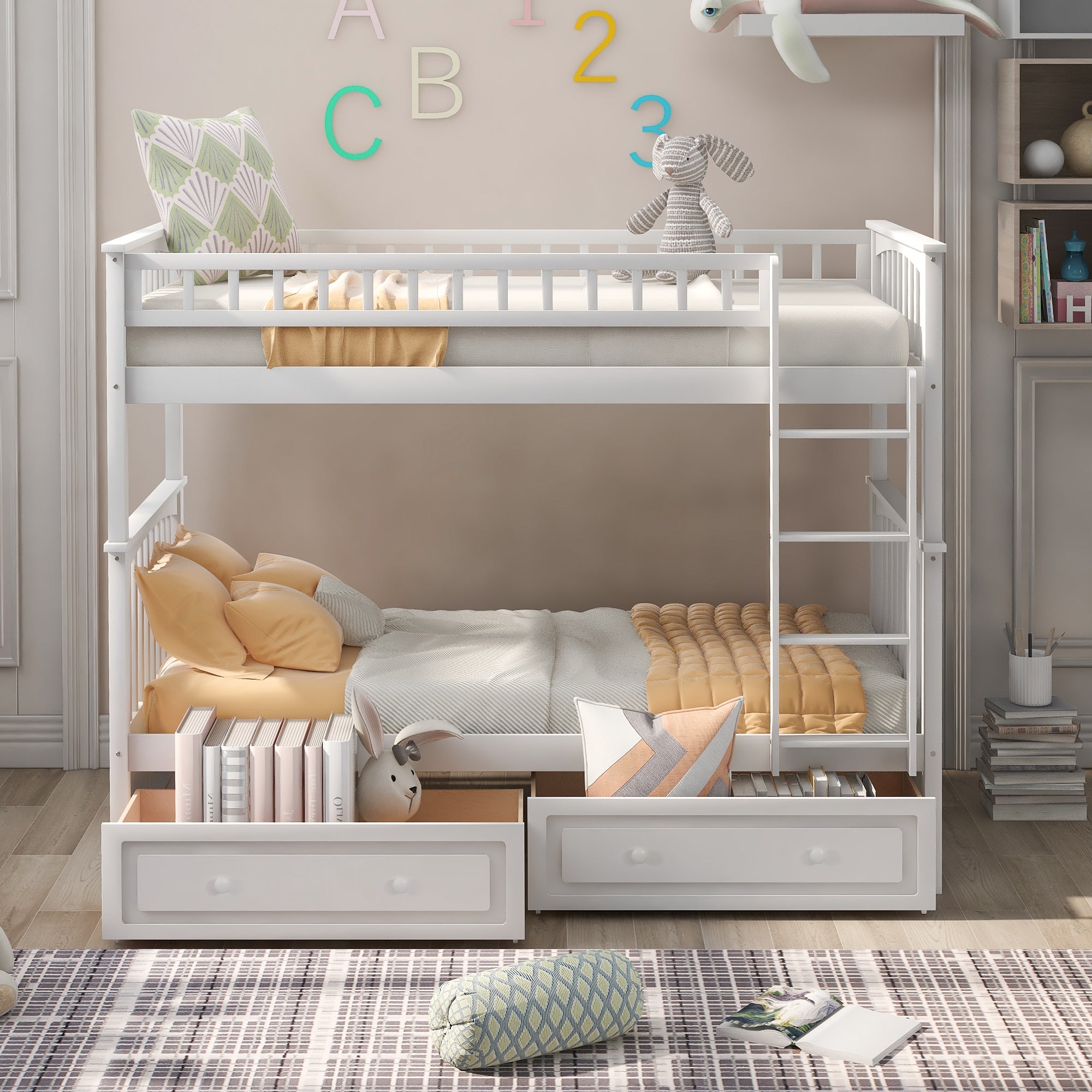 Royard Oaktree Bunk Bed with Storage Drawers and Built-in Ladder, Wood Bunk Bed Frame with Fence Style Guardrails and Headboard, Can Be Divided Into 2 Separate Platform Beds