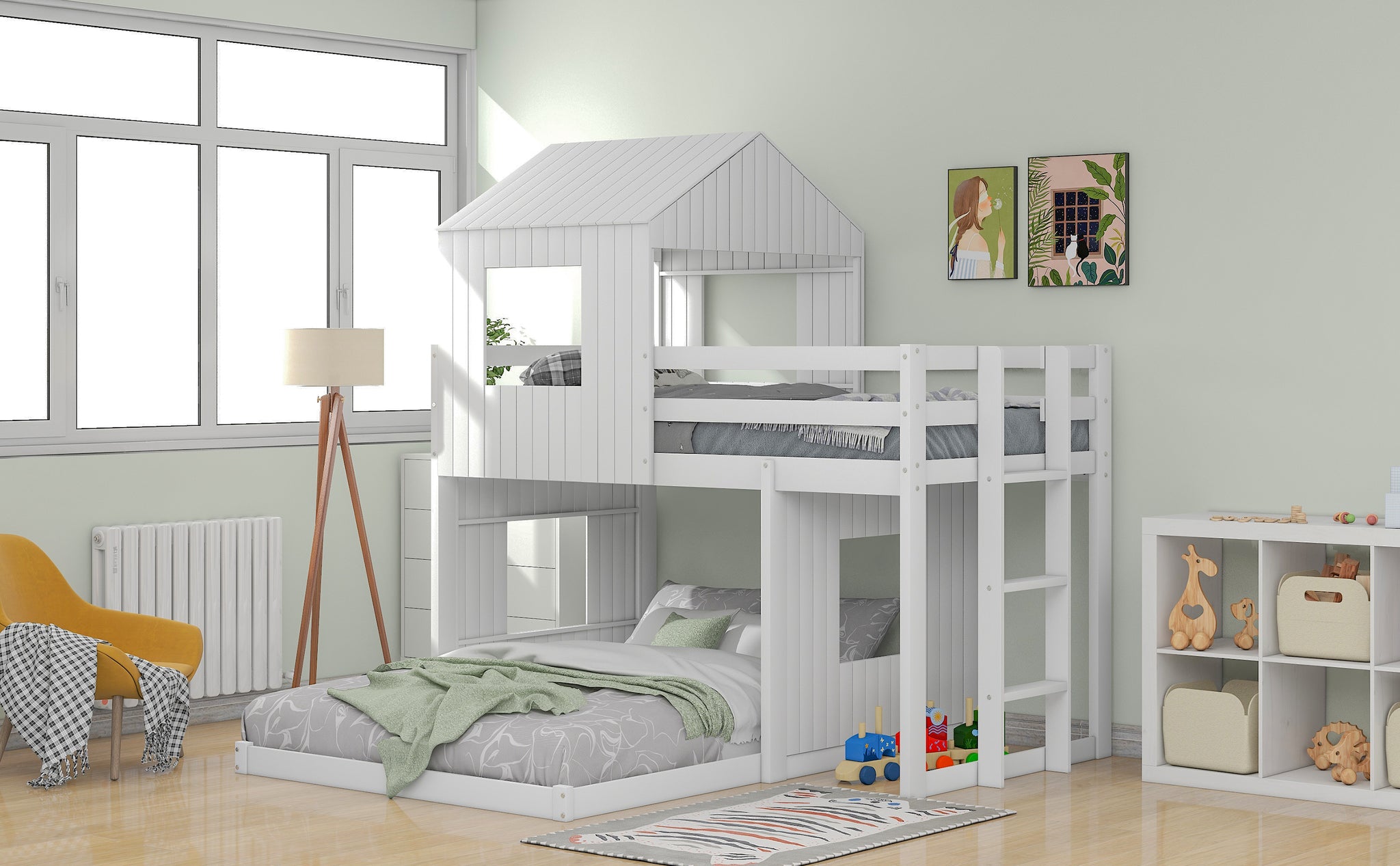 Royard Oaktree Twin Over Full House Bunk Beds with Roof and Windows Wooden Bunk Bed Frame with Ladder and Guardrails for Kids, Teens