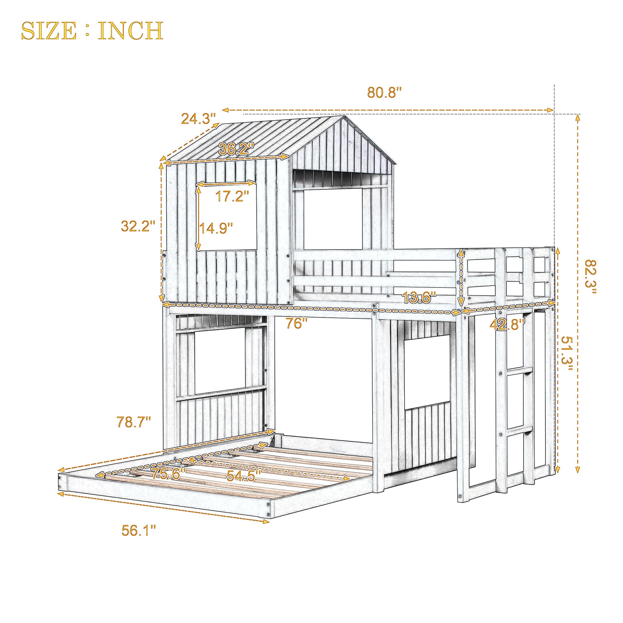 Royard Oaktree Twin Over Full House Bunk Beds with Roof and Windows Wooden Bunk Bed Frame with Ladder and Guardrails for Kids, Teens