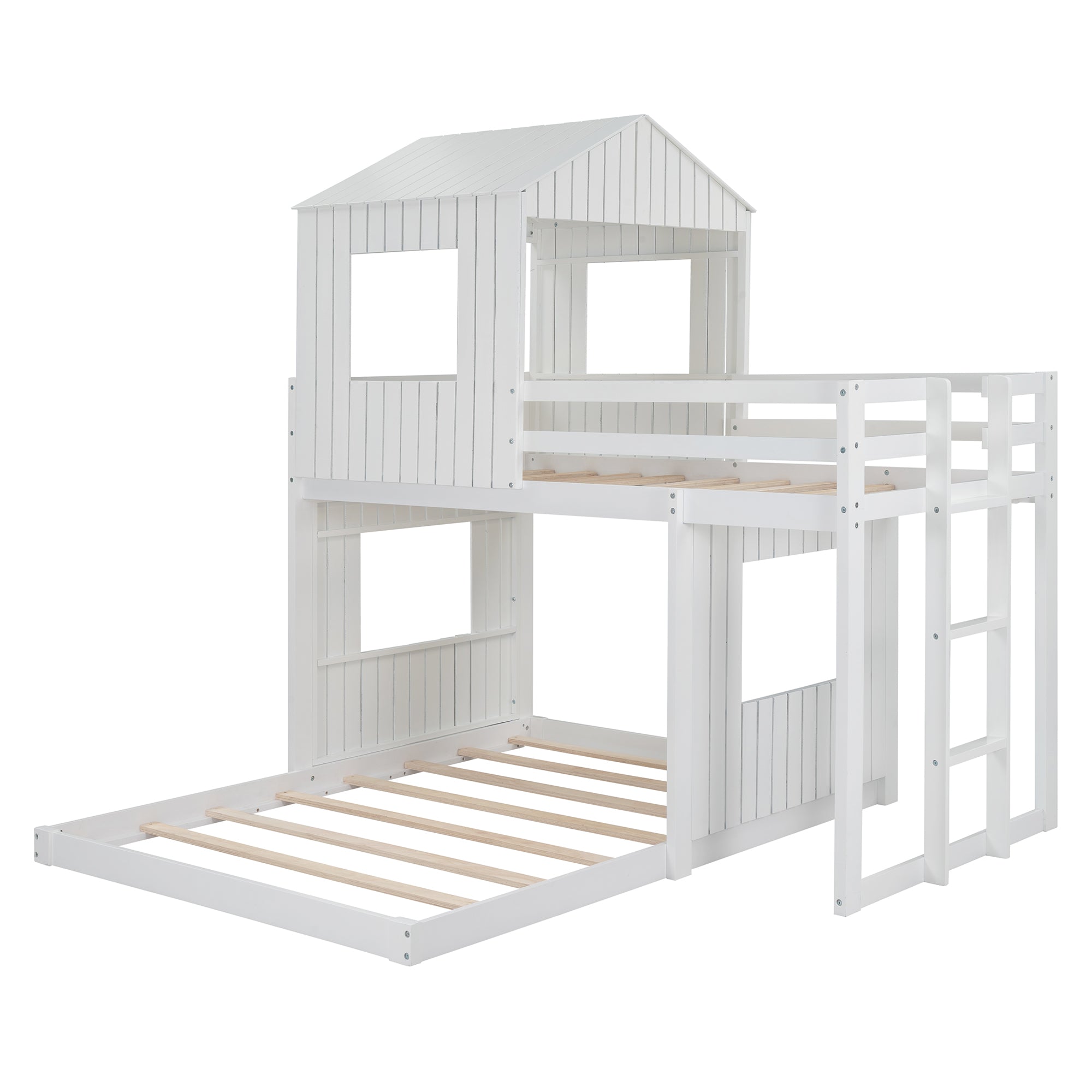 Royard Oaktree Twin Over Full House Bunk Beds with Roof and Windows Wooden Bunk Bed Frame with Ladder and Guardrails for Kids, Teens