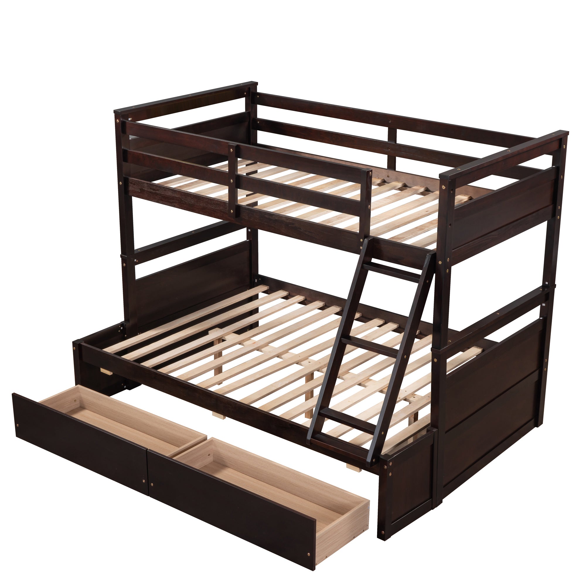 Royard Oaktree Twin over Full Bunk Bed with Two Storage Drawers Wood Bunk Bed Frame with Safety Rail and Ladder Can Be Converted Into 2 Beds