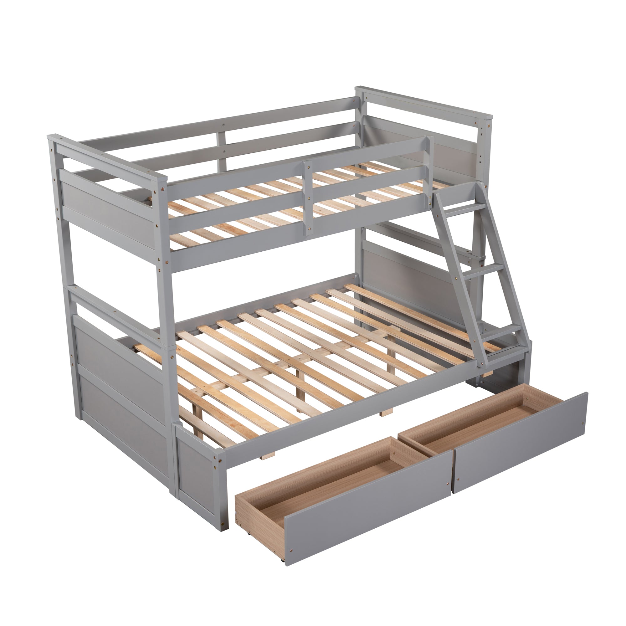 Royard Oaktree Twin over Full Bunk Bed with Two Storage Drawers Wood Bunk Bed Frame with Safety Rail and Ladder Can Be Converted Into 2 Beds