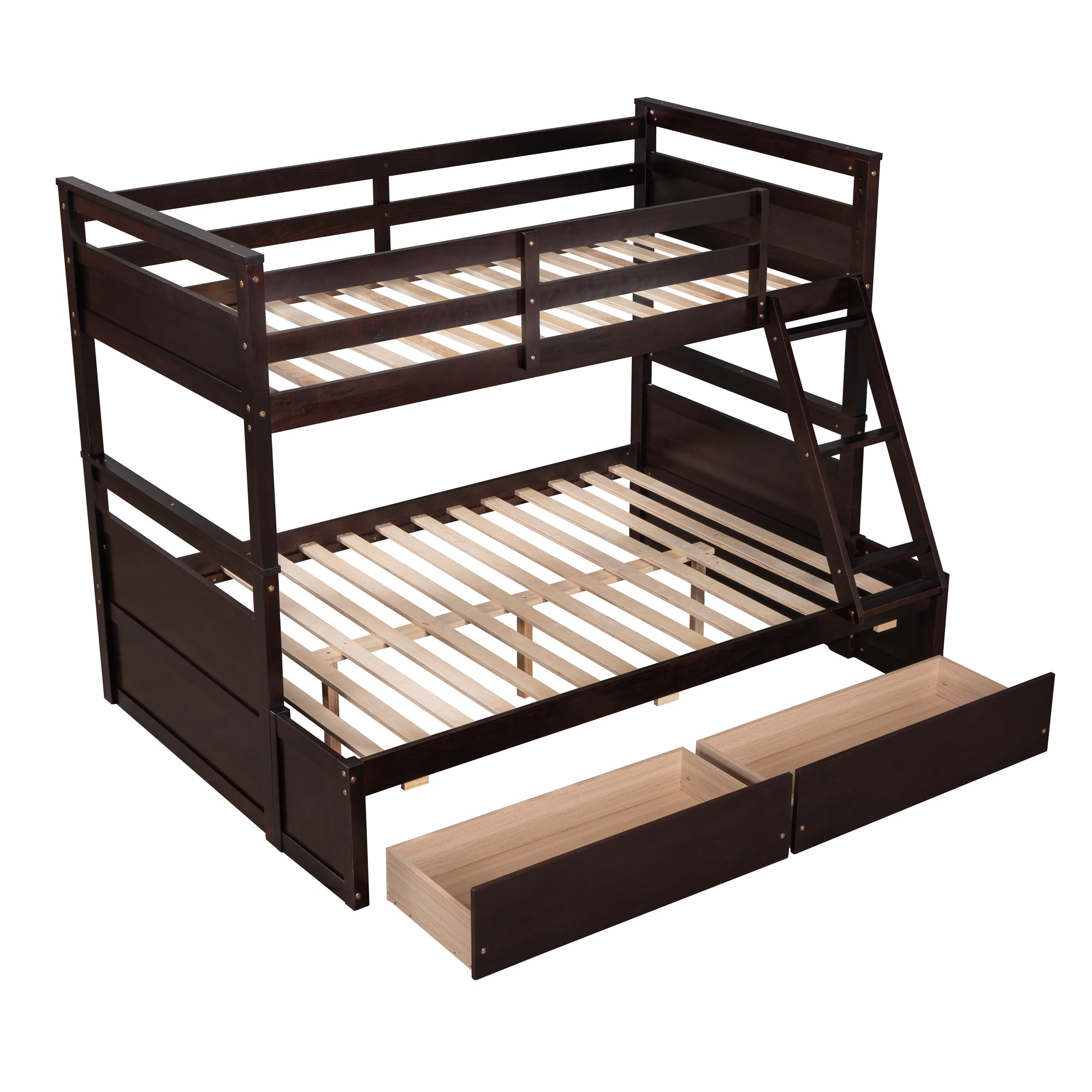 Royard Oaktree Twin over Full Bunk Bed with Two Storage Drawers Wood Bunk Bed Frame with Safety Rail and Ladder Can Be Converted Into 2 Beds