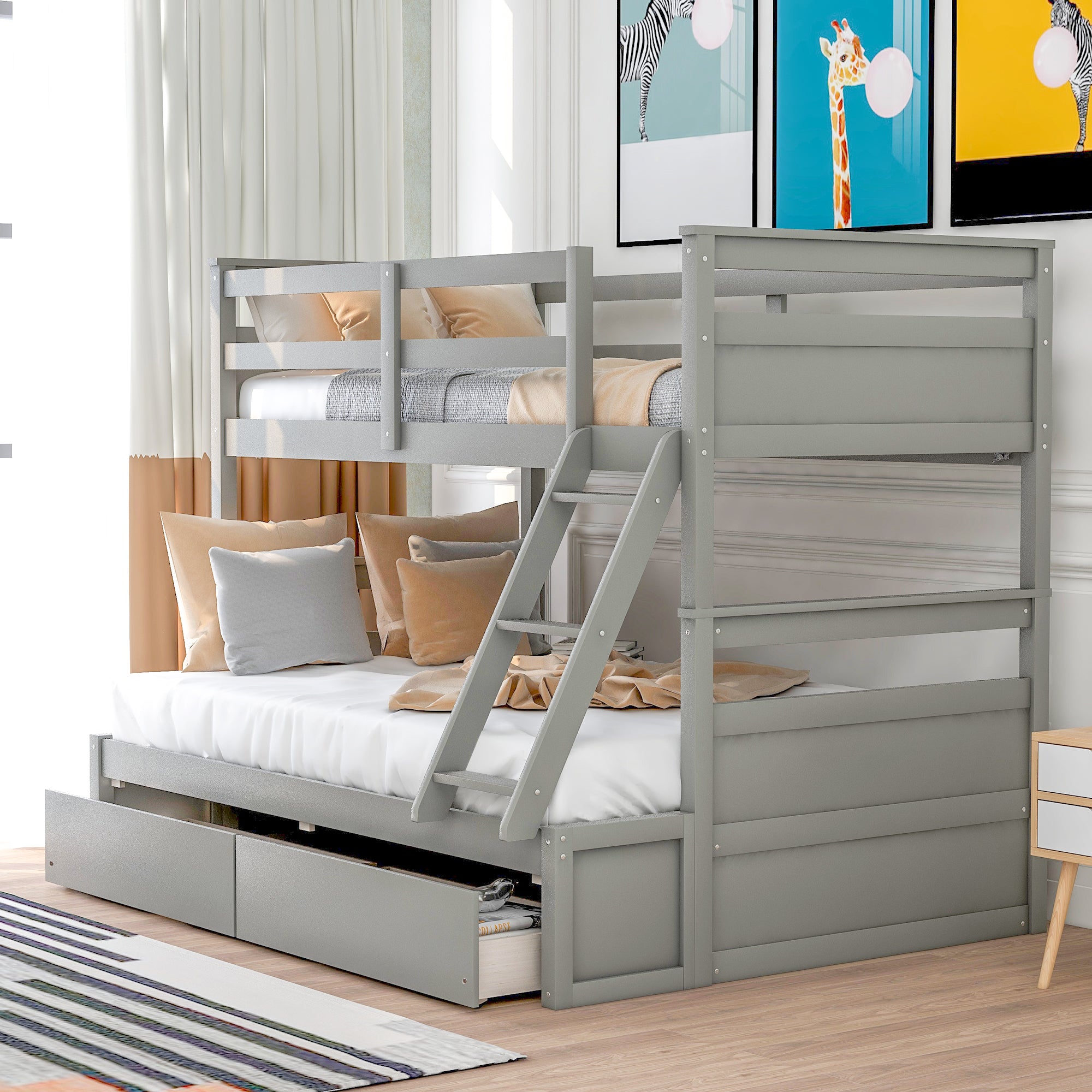 Royard Oaktree Twin over Full Bunk Bed with Two Storage Drawers Wood Bunk Bed Frame with Safety Rail and Ladder Can Be Converted Into 2 Beds