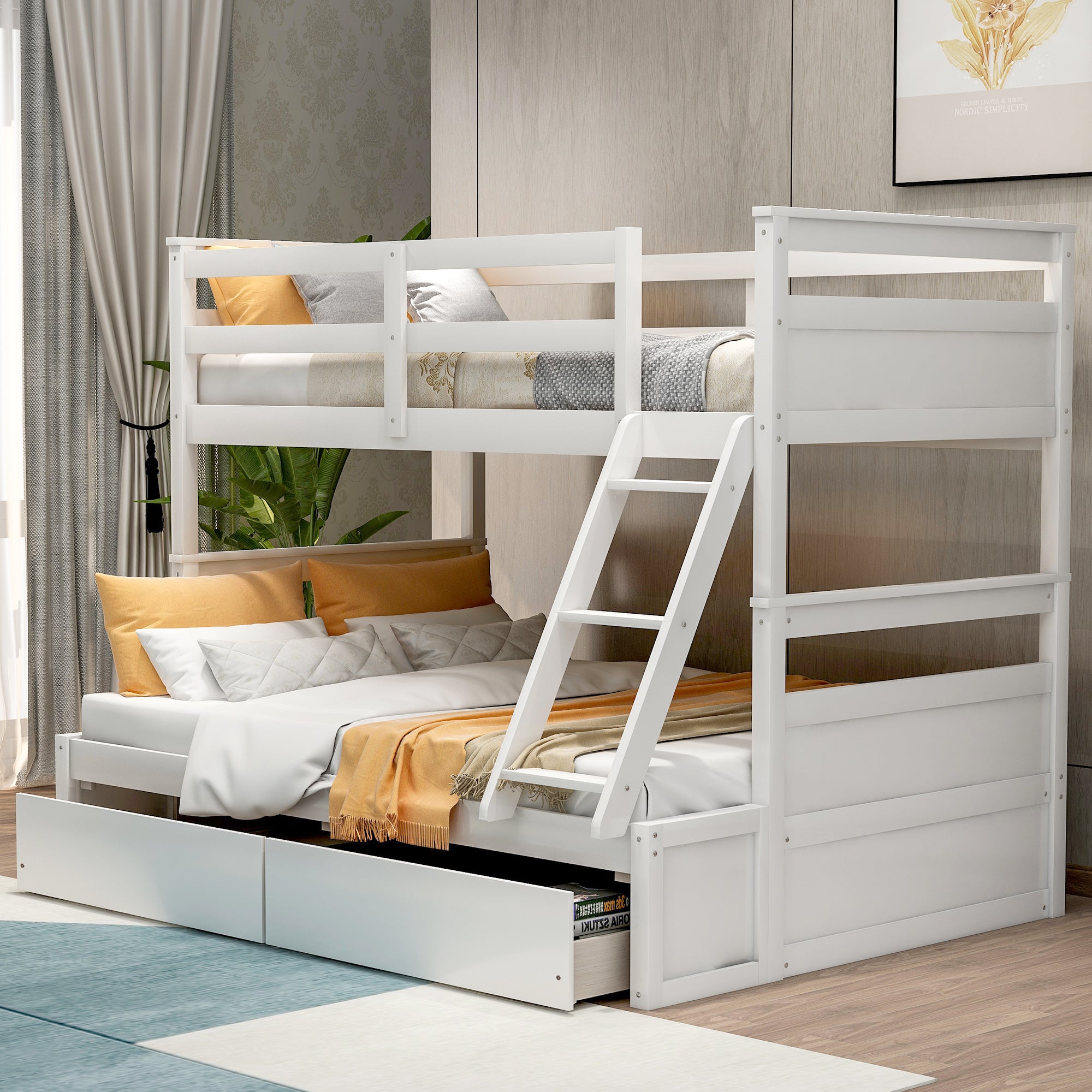 Royard Oaktree Twin over Full Bunk Bed with Two Storage Drawers Wood Bunk Bed Frame with Safety Rail and Ladder Can Be Converted Into 2 Beds