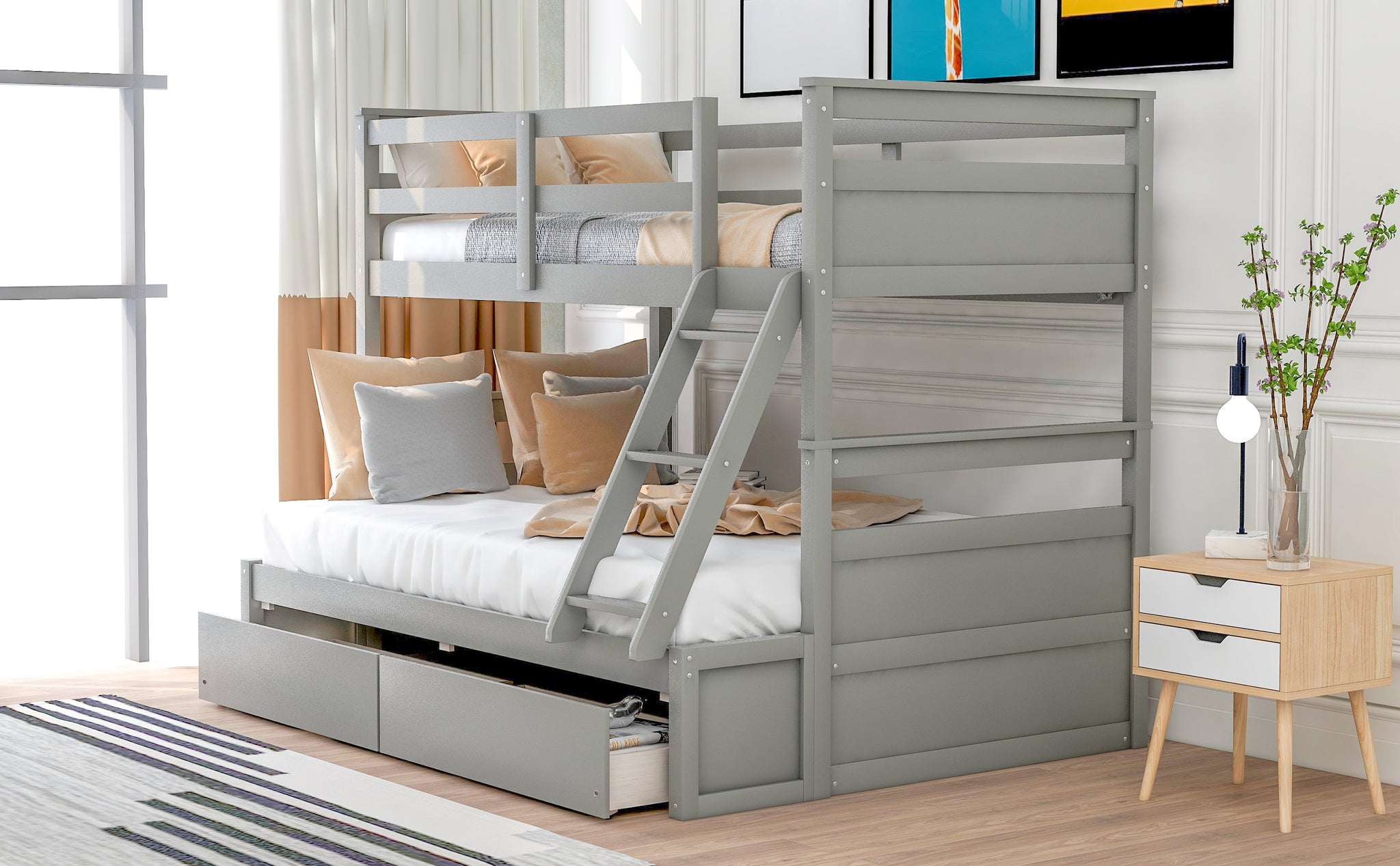 Royard Oaktree Twin over Full Bunk Bed with Two Storage Drawers Wood Bunk Bed Frame with Safety Rail and Ladder Can Be Converted Into 2 Beds