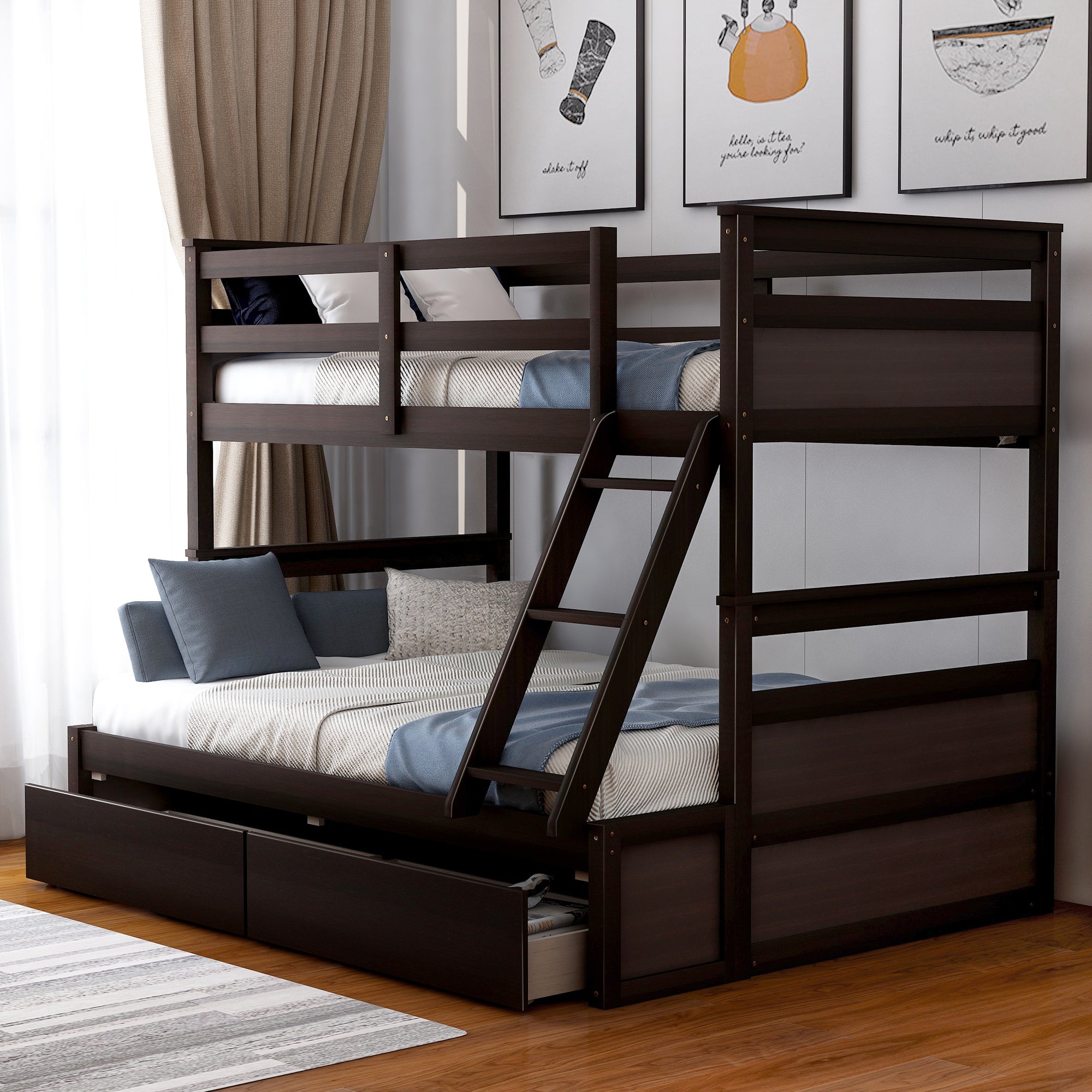 Royard Oaktree Twin over Full Bunk Bed with Two Storage Drawers Wood Bunk Bed Frame with Safety Rail and Ladder Can Be Converted Into 2 Beds