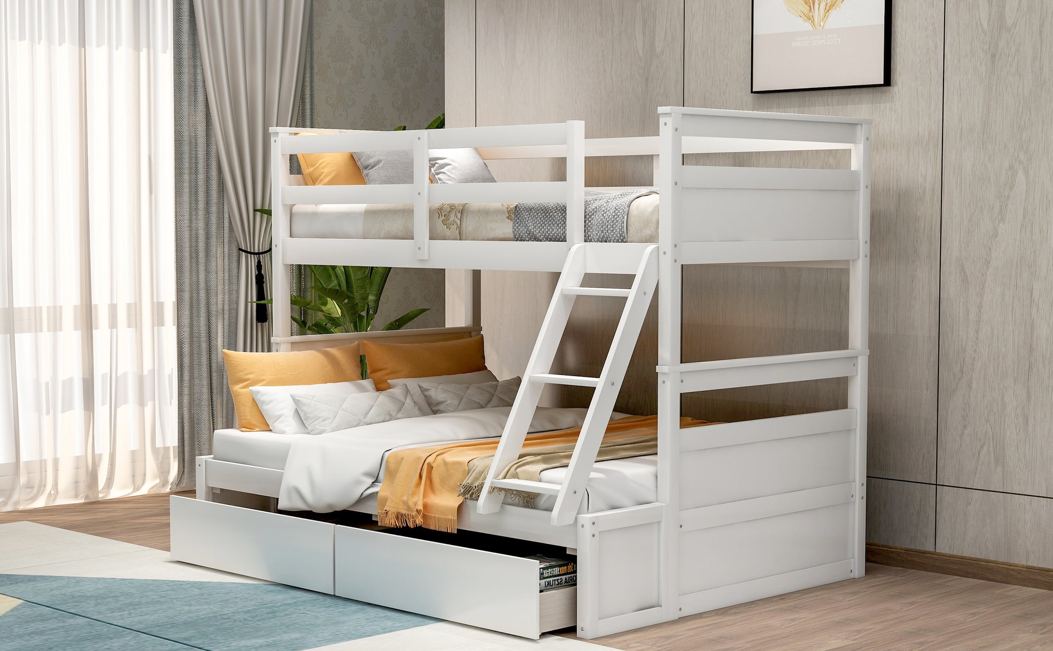 Royard Oaktree Twin over Full Bunk Bed with Two Storage Drawers Wood Bunk Bed Frame with Safety Rail and Ladder Can Be Converted Into 2 Beds