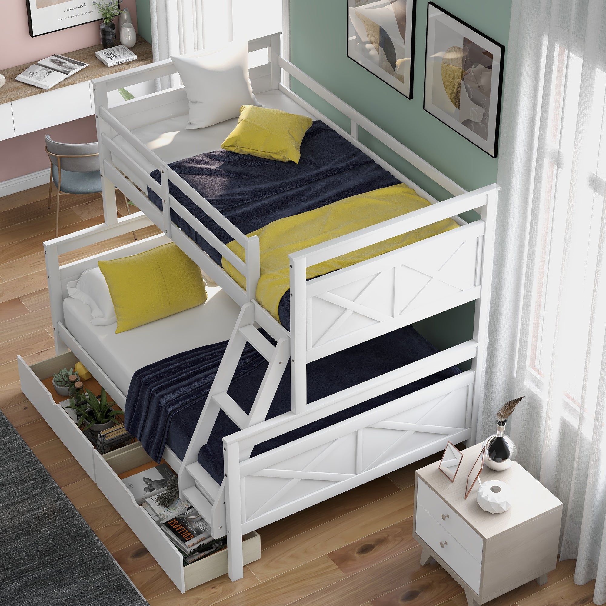 Royard Oaktree Twin over Full Bunk Bed with Storage Drawers and Built-in Ladder, Modern Wood Bunk Bed Frame with Guardrails and Headboard, Can Be Divided Into 2 Separate Platform Beds