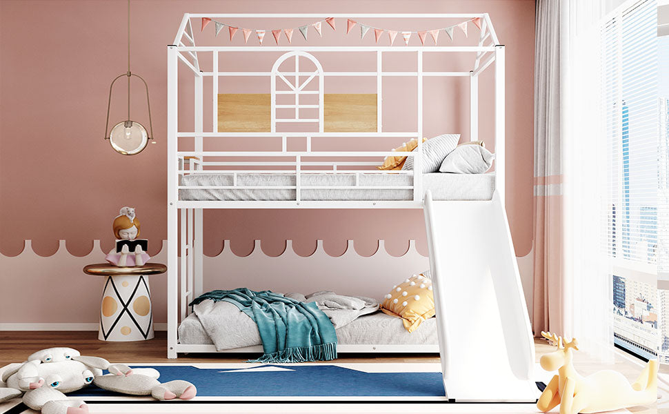 Royard Oaktree Twin Over Twin Metal Bunk Bed with Slide and Ladder Modern House Bunk Bed with Roof and Window