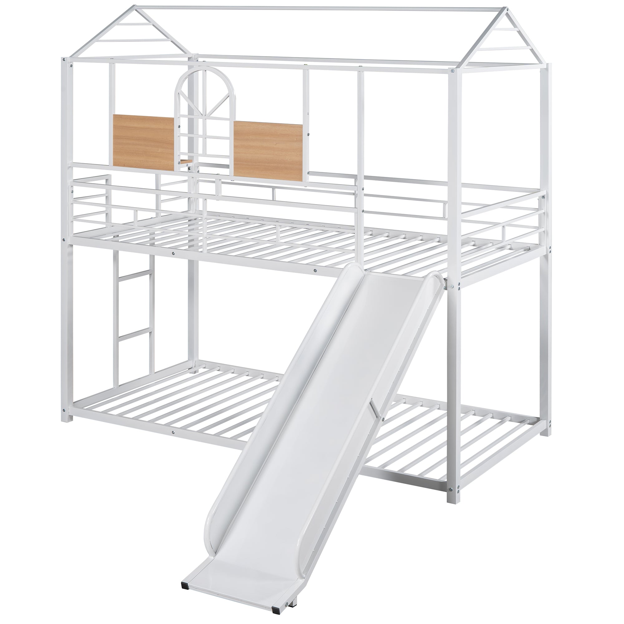 Royard Oaktree Twin Over Twin Metal Bunk Bed with Slide and Ladder Modern House Bunk Bed with Roof and Window