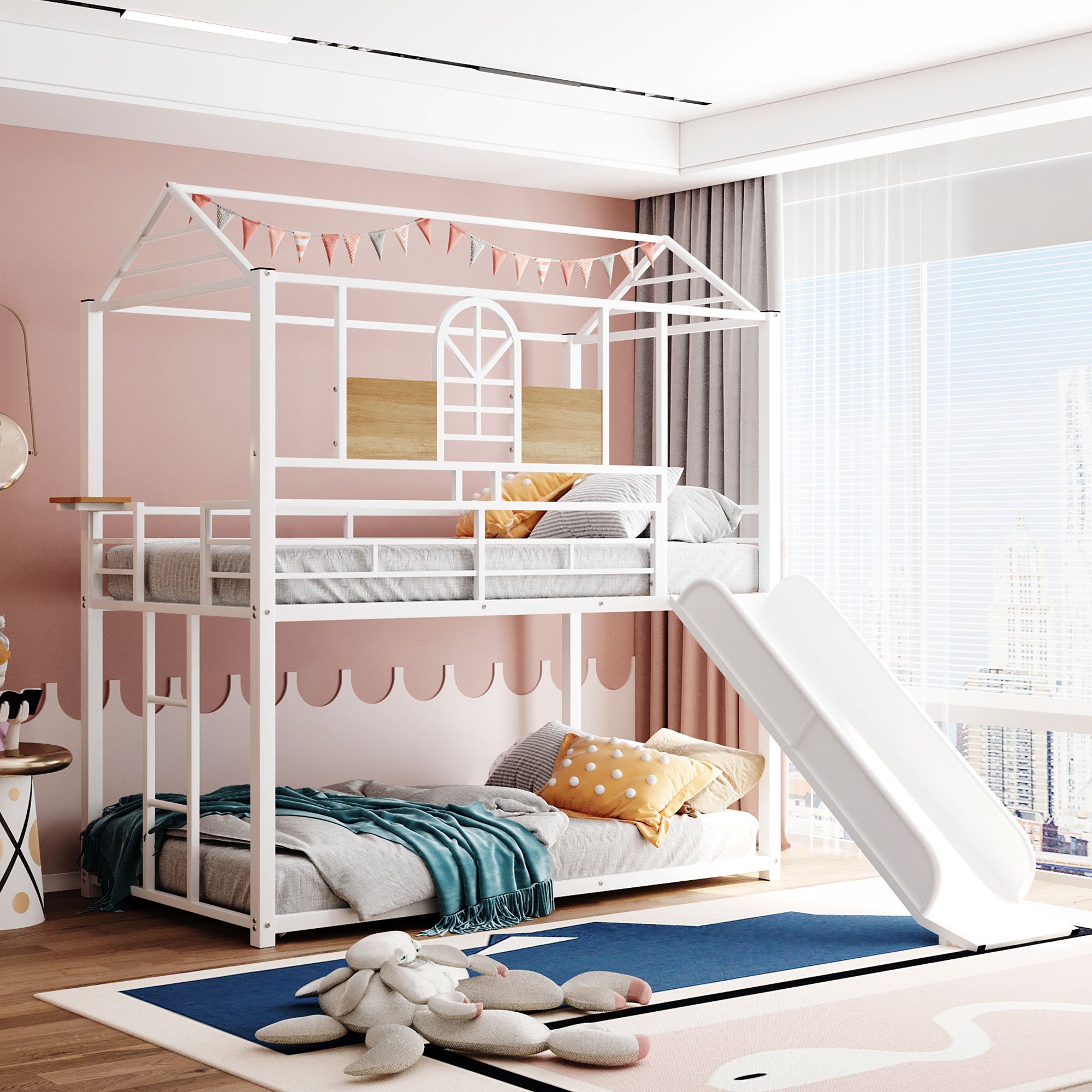 Royard Oaktree Twin Over Twin Metal Bunk Bed with Slide and Ladder Modern House Bunk Bed with Roof and Window