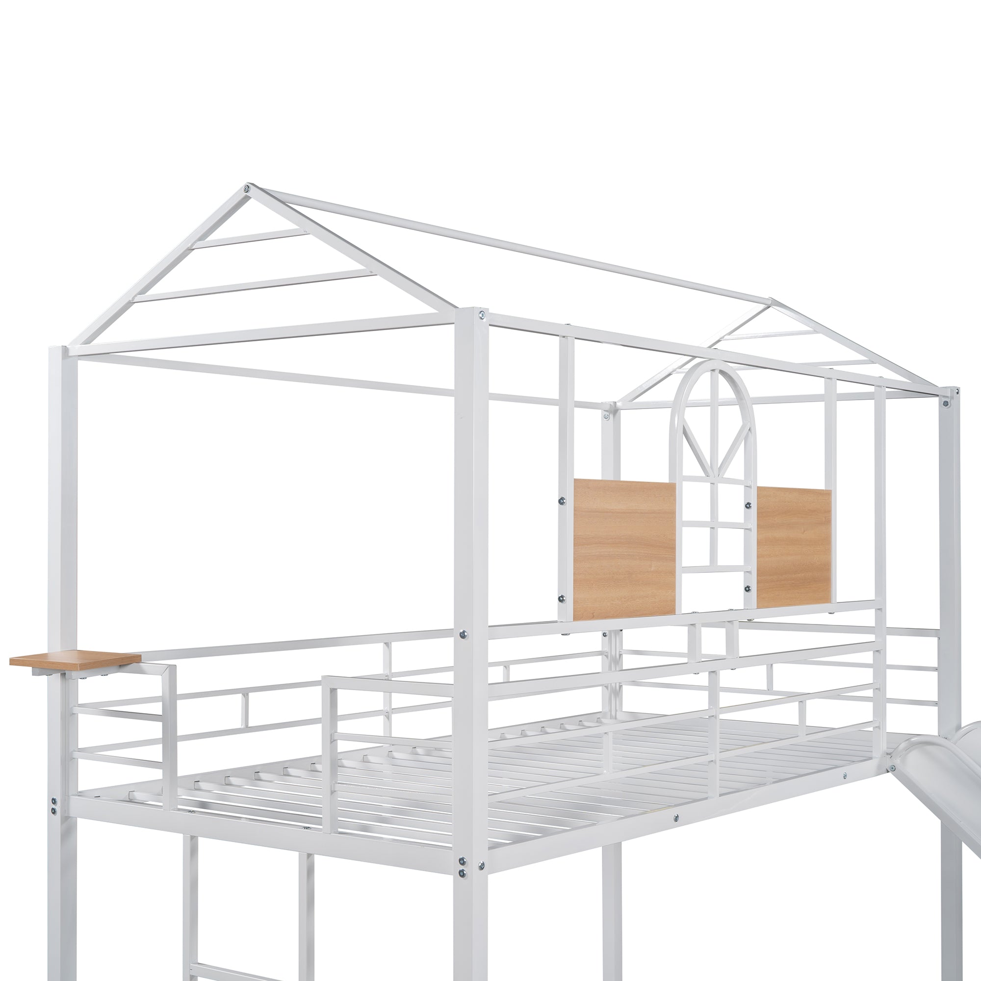 Royard Oaktree Twin Over Twin Metal Bunk Bed with Slide and Ladder Modern House Bunk Bed with Roof and Window