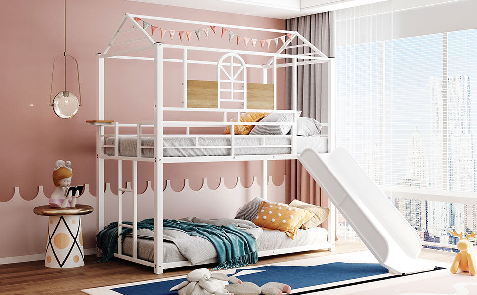 Royard Oaktree Twin Over Twin Metal Bunk Bed with Slide and Ladder Modern House Bunk Bed with Roof and Window