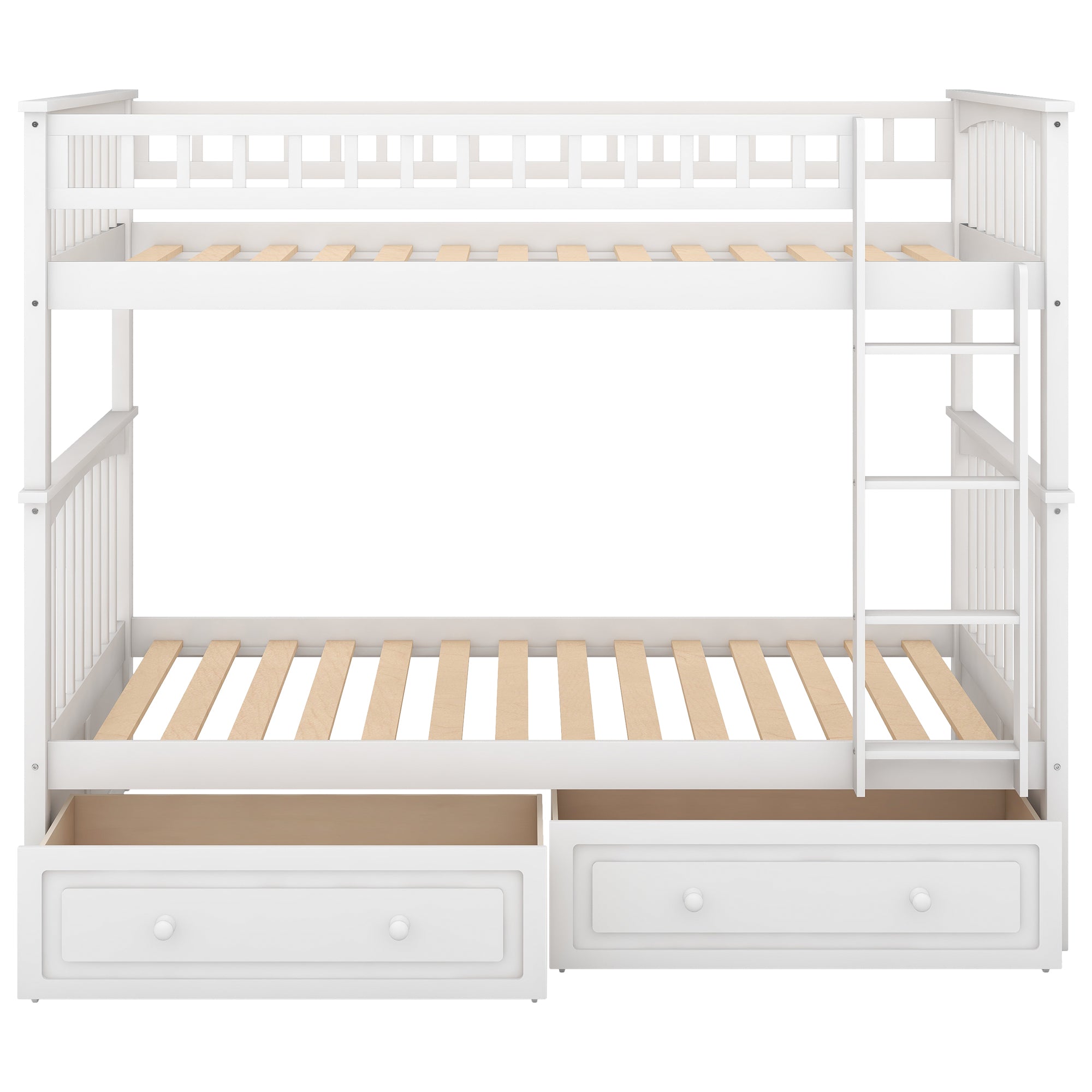 Royard Oaktree Bunk Bed with Storage Drawers and Built-in Ladder, Wood Bunk Bed Frame with Fence Style Guardrails and Headboard, Can Be Divided Into 2 Separate Platform Beds