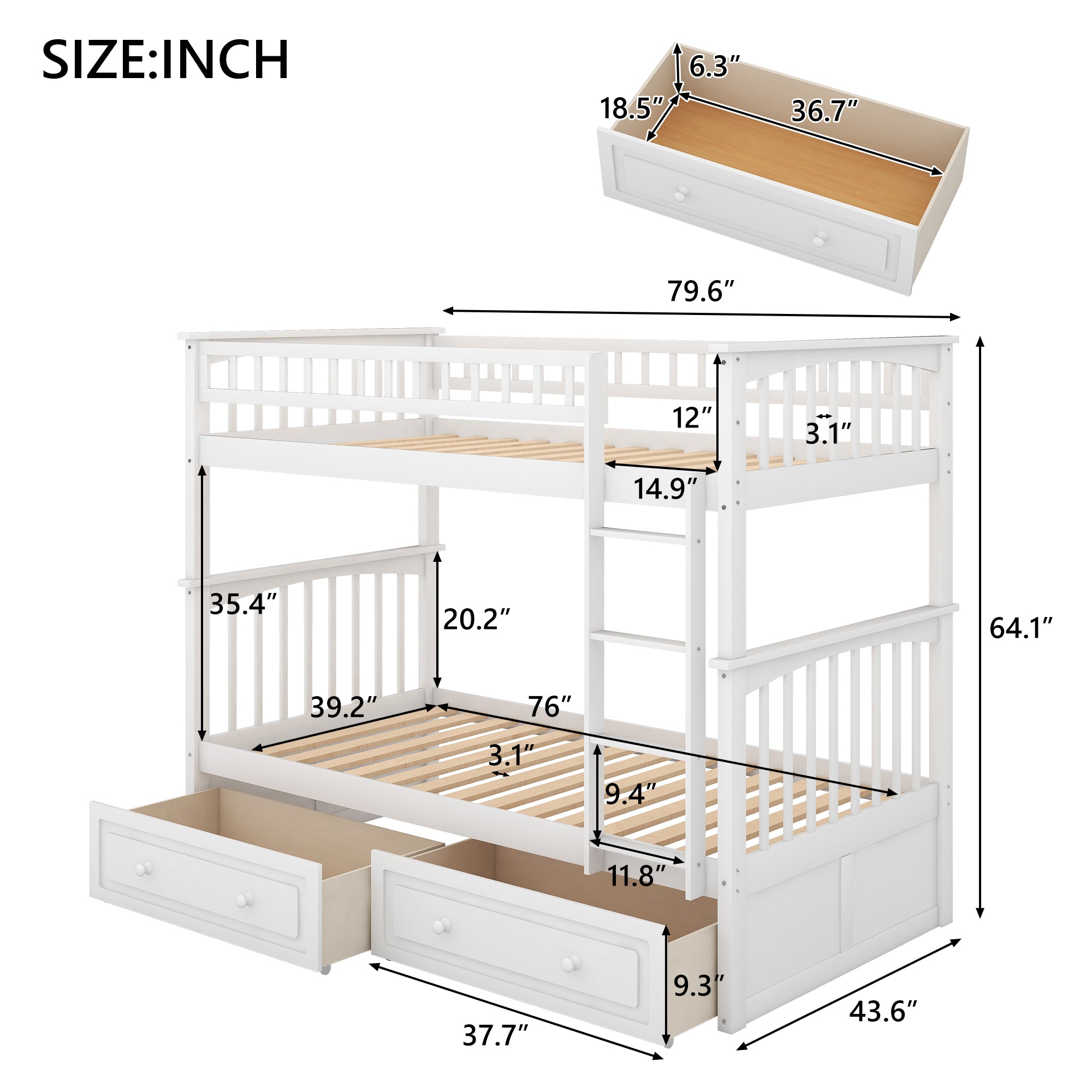 Royard Oaktree Bunk Bed with Storage Drawers and Built-in Ladder, Wood Bunk Bed Frame with Fence Style Guardrails and Headboard, Can Be Divided Into 2 Separate Platform Beds