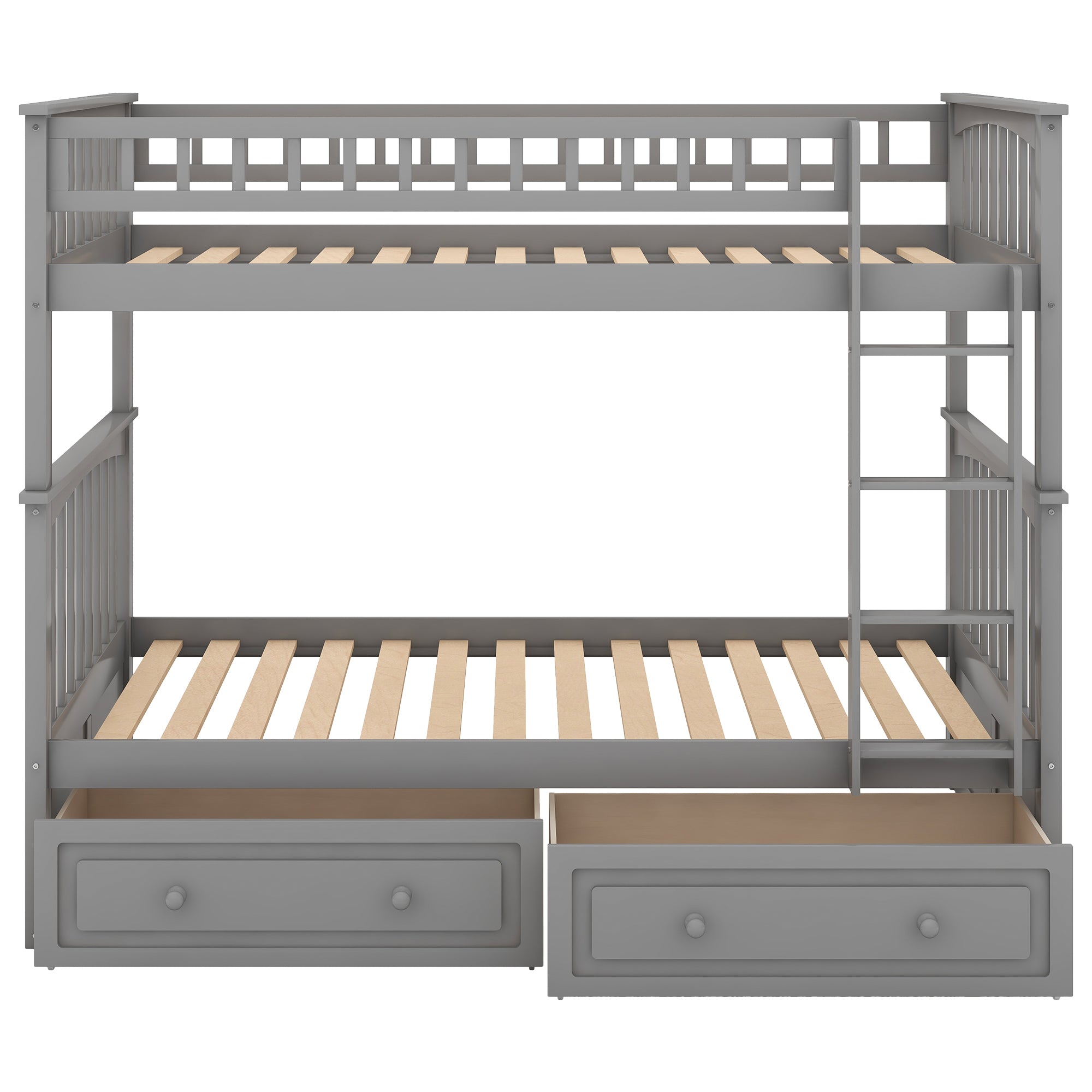 Royard Oaktree Bunk Bed with Storage Drawers and Built-in Ladder, Wood Bunk Bed Frame with Fence Style Guardrails and Headboard, Can Be Divided Into 2 Separate Platform Beds