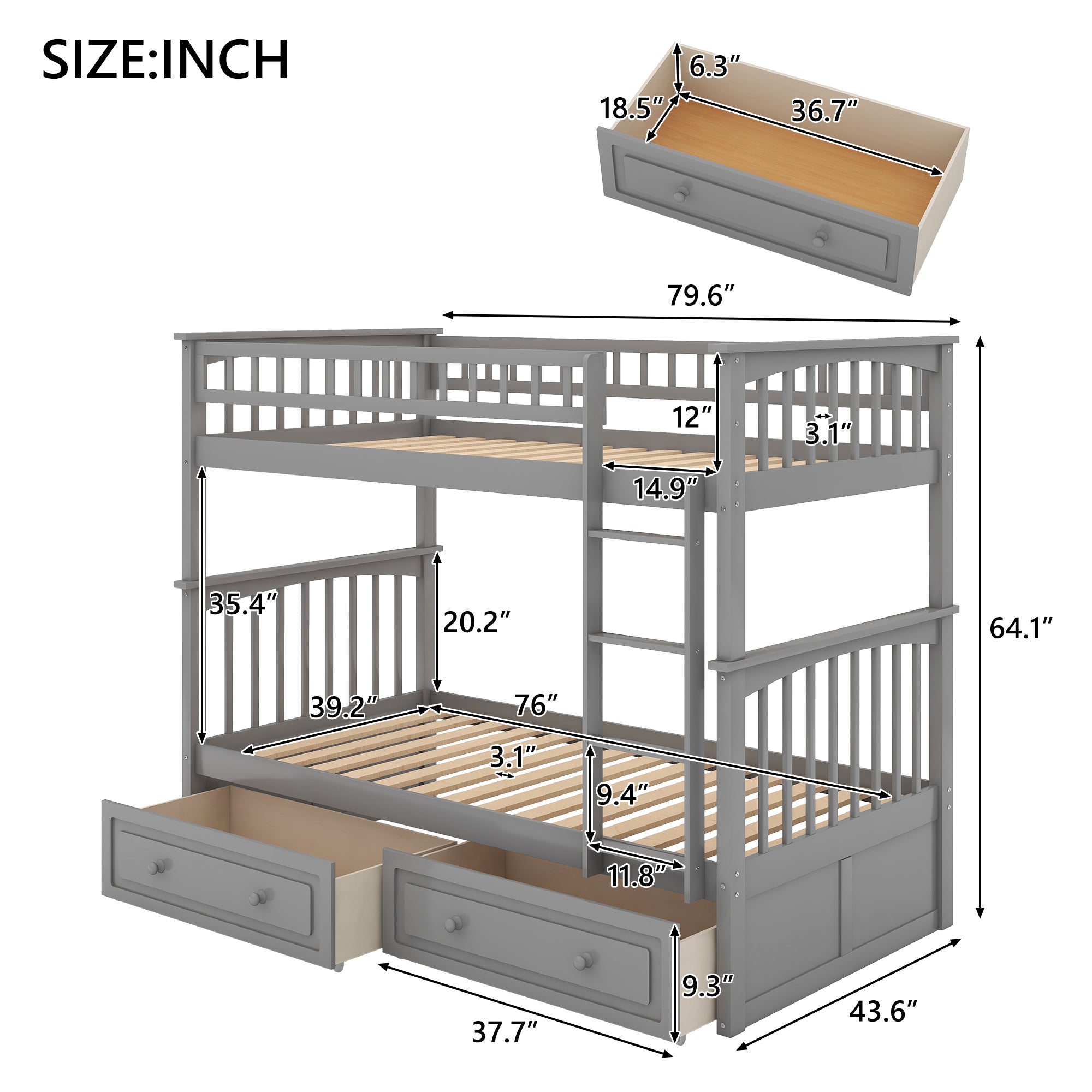 Royard Oaktree Bunk Bed with Storage Drawers and Built-in Ladder, Wood Bunk Bed Frame with Fence Style Guardrails and Headboard, Can Be Divided Into 2 Separate Platform Beds