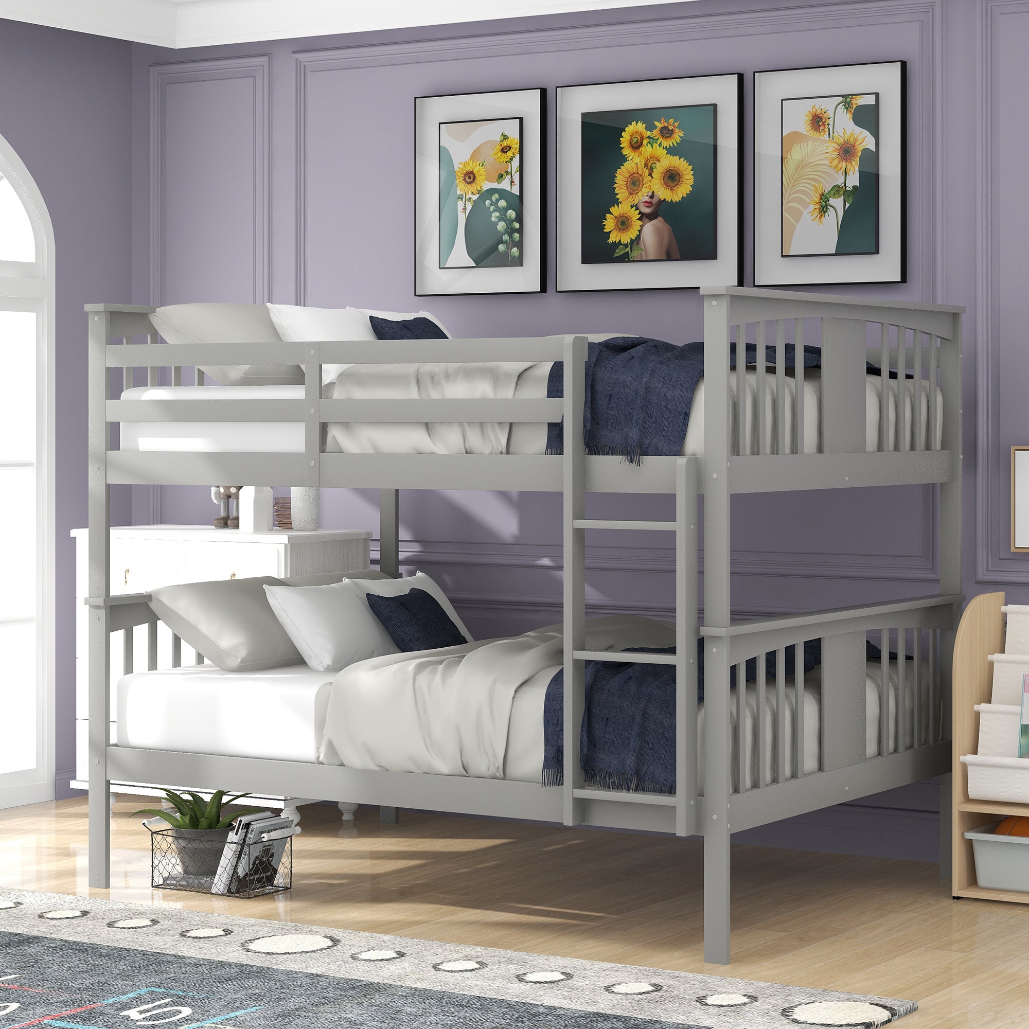 Royard Oaktree Full over Full Bunk Bed with Ladder and Guardrails Wood Bunk Bed Frame with Headboard and Footboard, Wood Slats, No Box Spring Needed