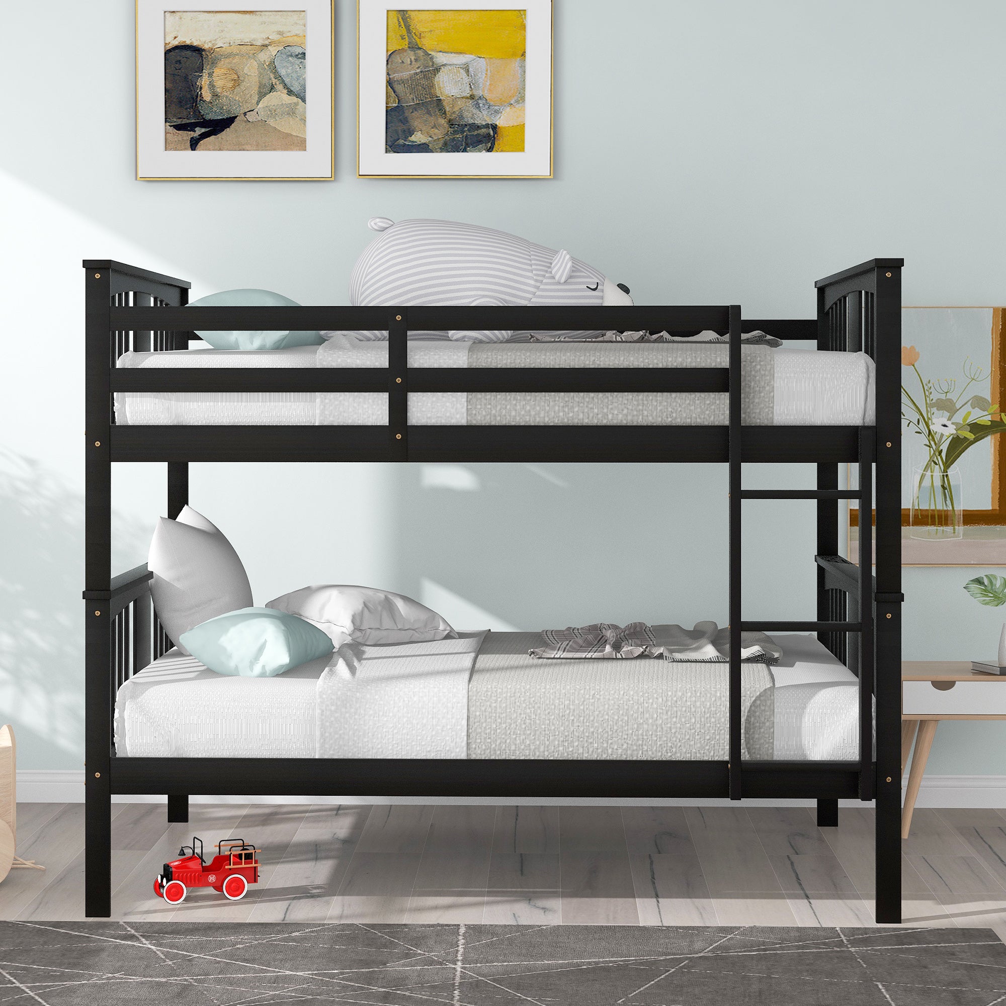 Royard Oaktree Full over Full Bunk Bed with Ladder and Guardrails Wood Bunk Bed Frame with Headboard and Footboard, Wood Slats, No Box Spring Needed