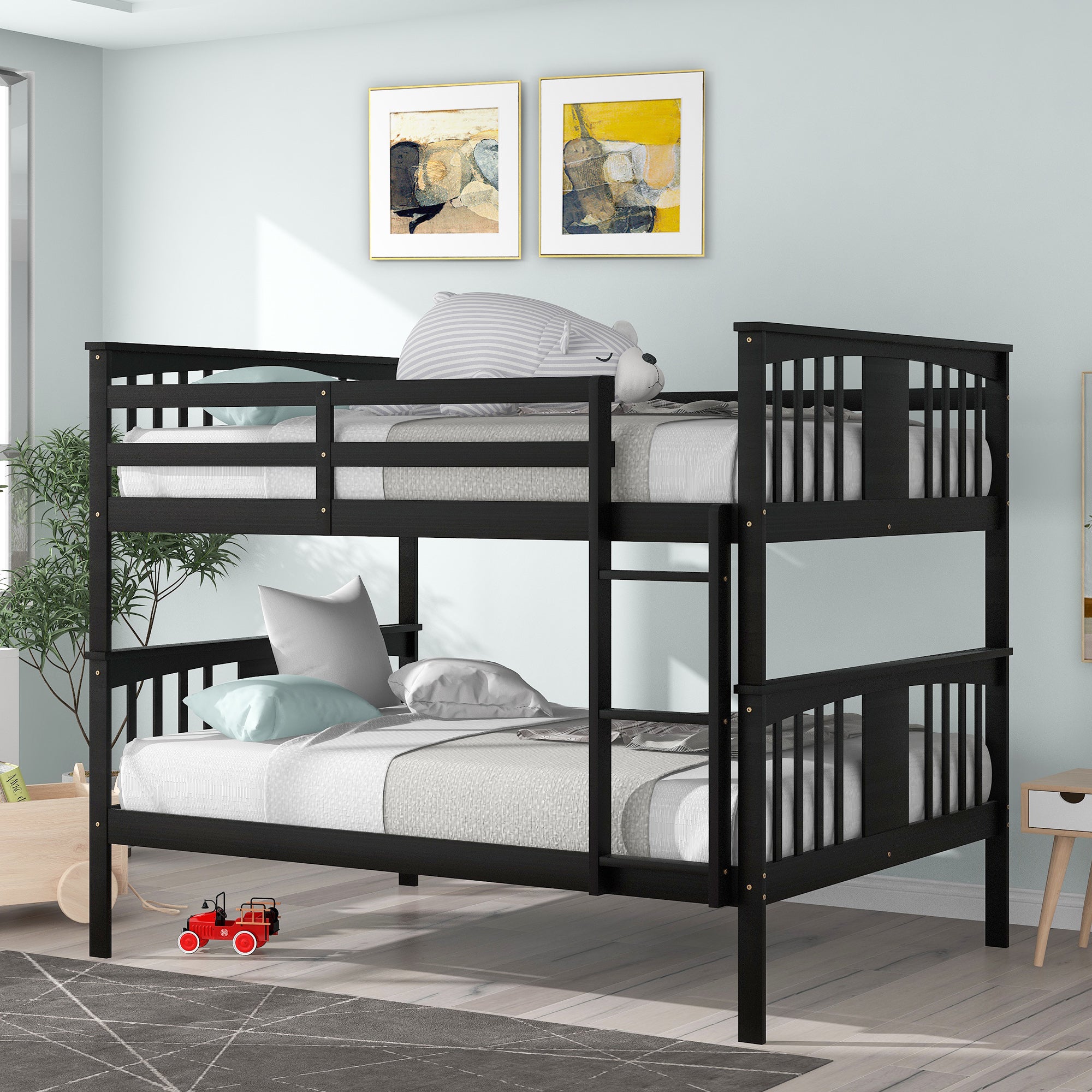 Royard Oaktree Full over Full Bunk Bed with Ladder and Guardrails Wood Bunk Bed Frame with Headboard and Footboard, Wood Slats, No Box Spring Needed