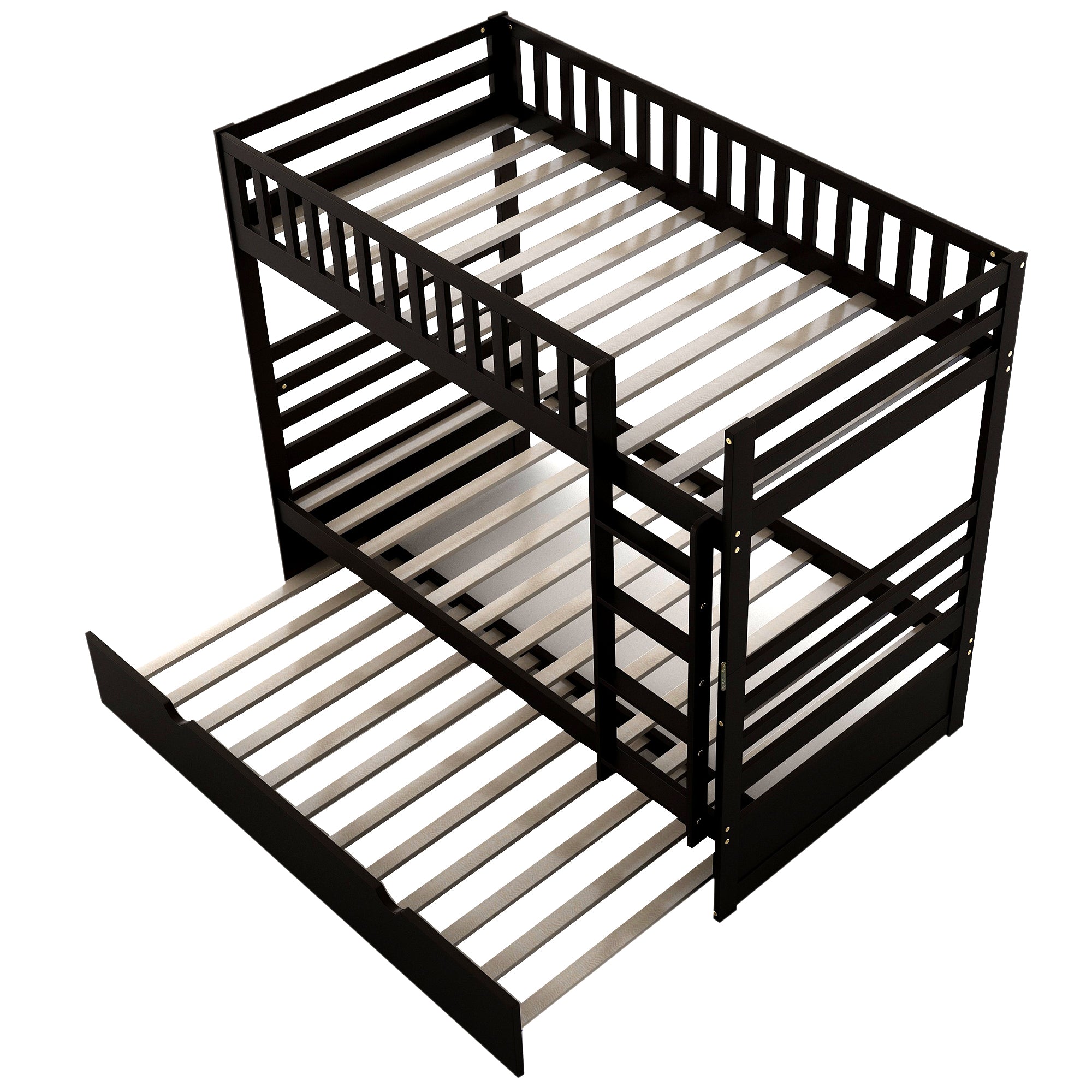 Royard Oaktree Twin over Twin Bunk Beds with Trundle Wood Bunk Bed Frame with Ladder and Guardrails, No Box Spring Needed