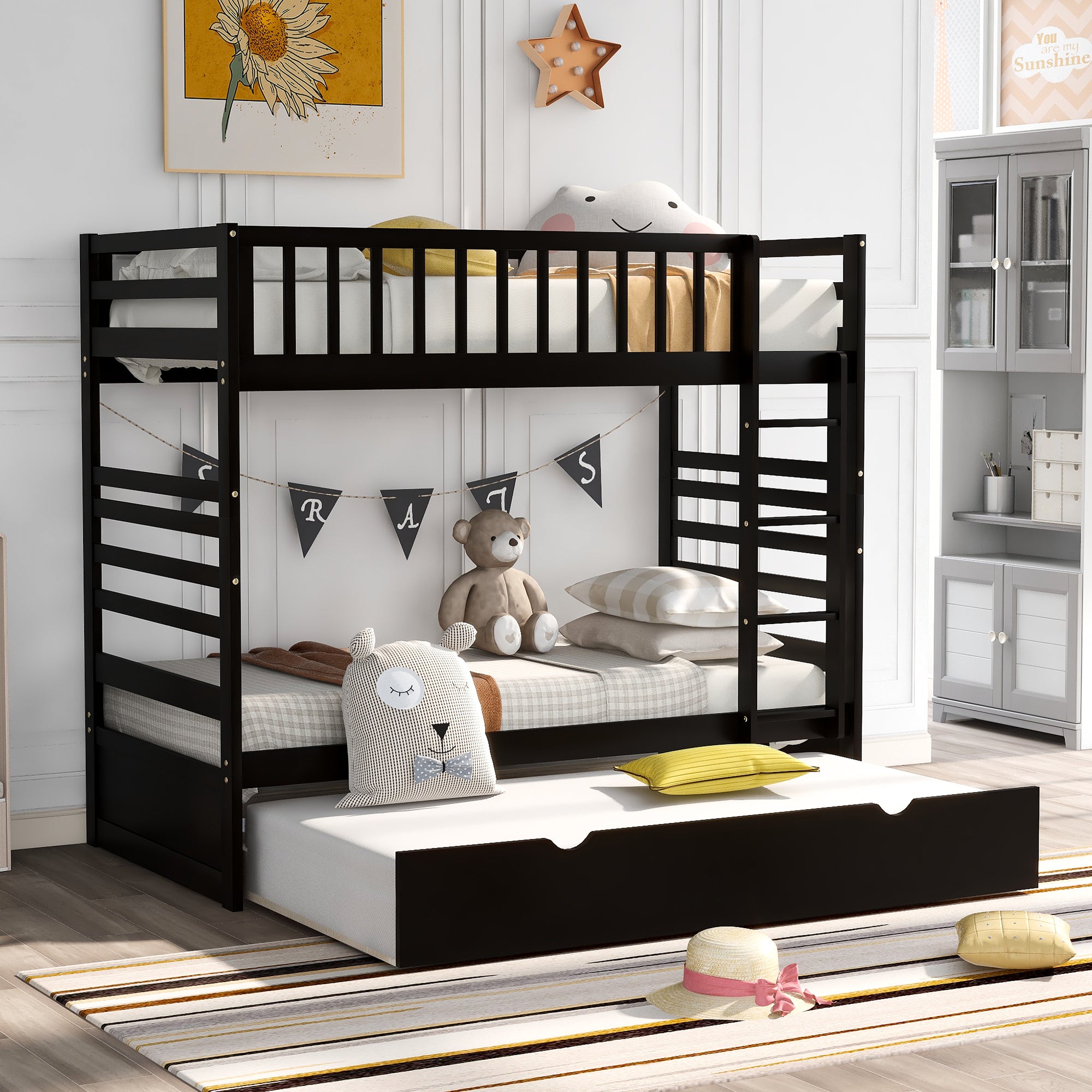 Royard Oaktree Twin over Twin Bunk Beds with Trundle Wood Bunk Bed Frame with Ladder and Guardrails, No Box Spring Needed