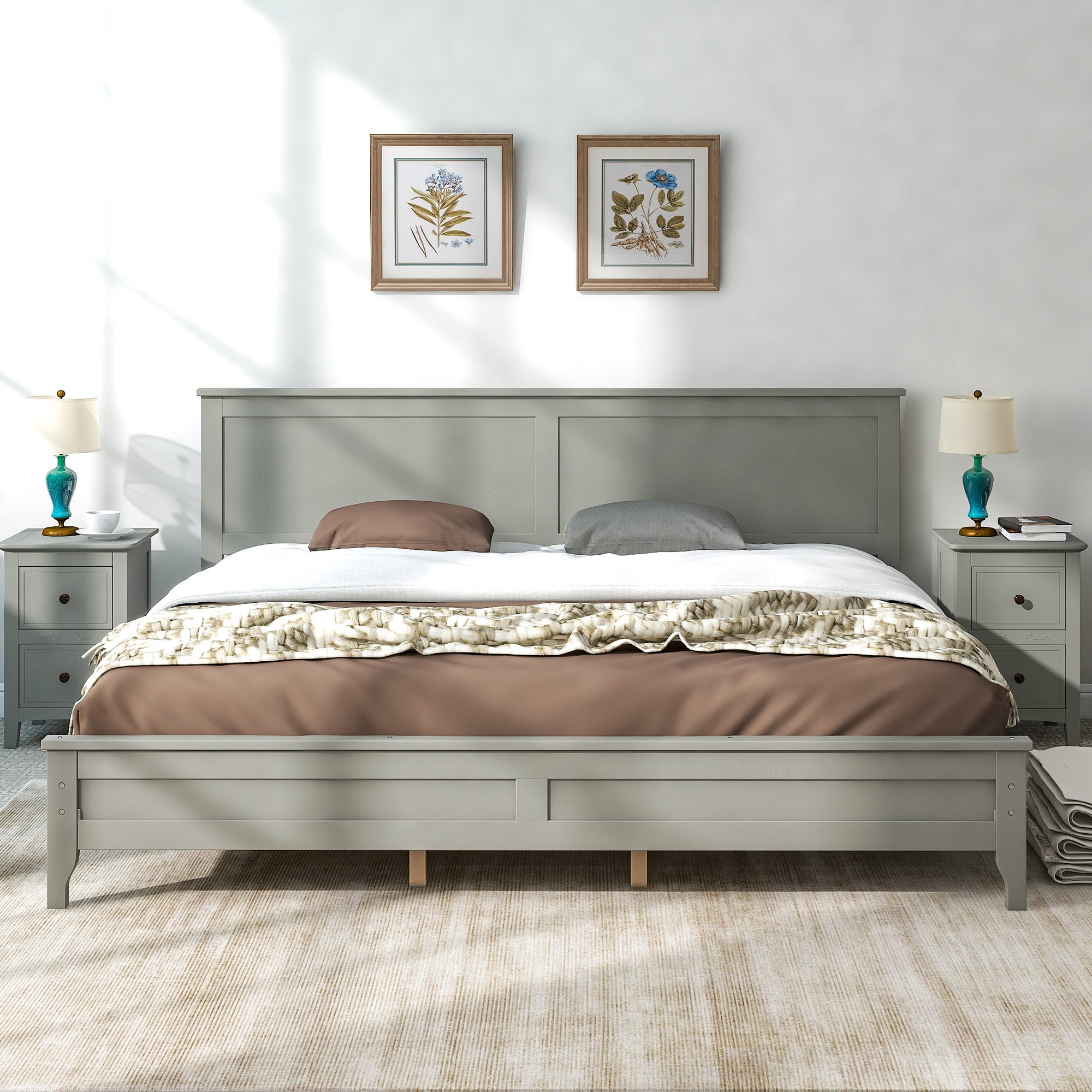 Royard Oaktree Wood Platform Bed with Headboard Modern Bed Frame with Slats, No Box Spring Needed