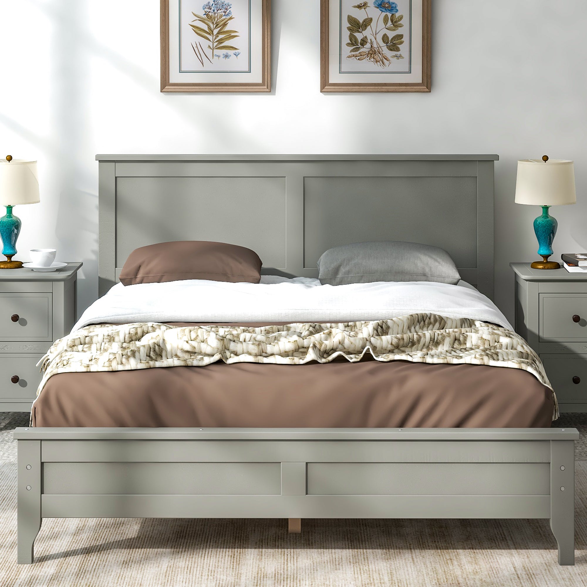 Royard Oaktree Wood Platform Bed with Headboard Modern Bed Frame with Slats, No Box Spring Needed